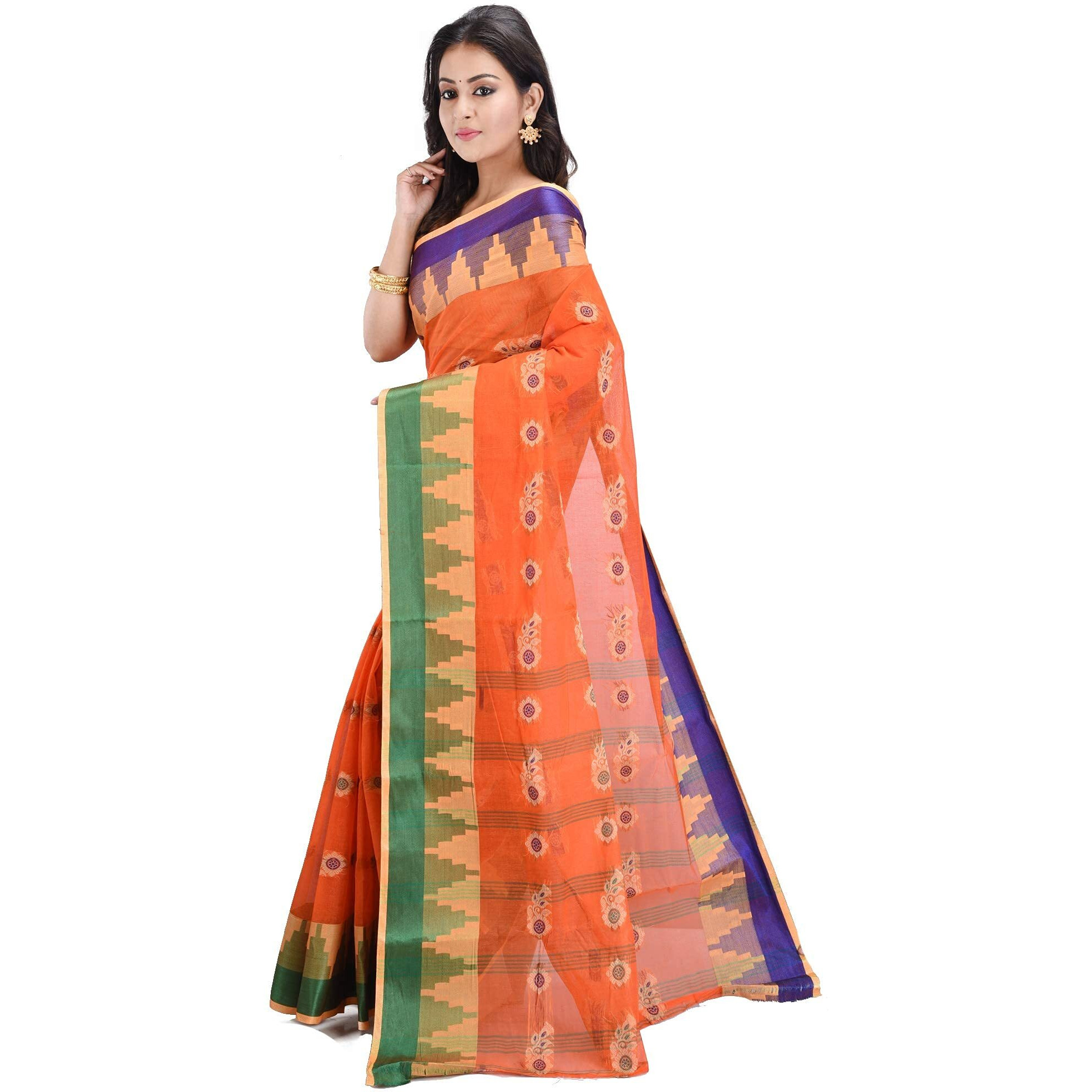 RAJ SAREE HOUSE Womens Traditional Pure Cotton Bengali Handloom Tant Saree without Blouse Piece - (Orange)
