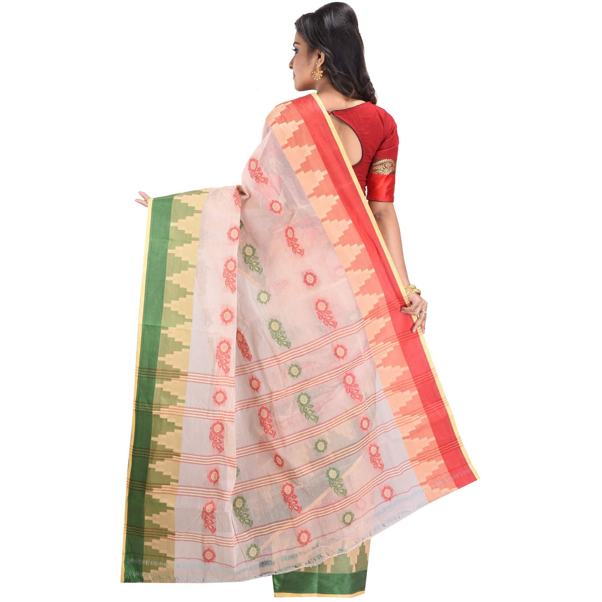 RAJ SAREE HOUSE Womens Traditional Pure Cotton Bengali Handloom Tant Saree without Blouse Piece - (Biscuit)