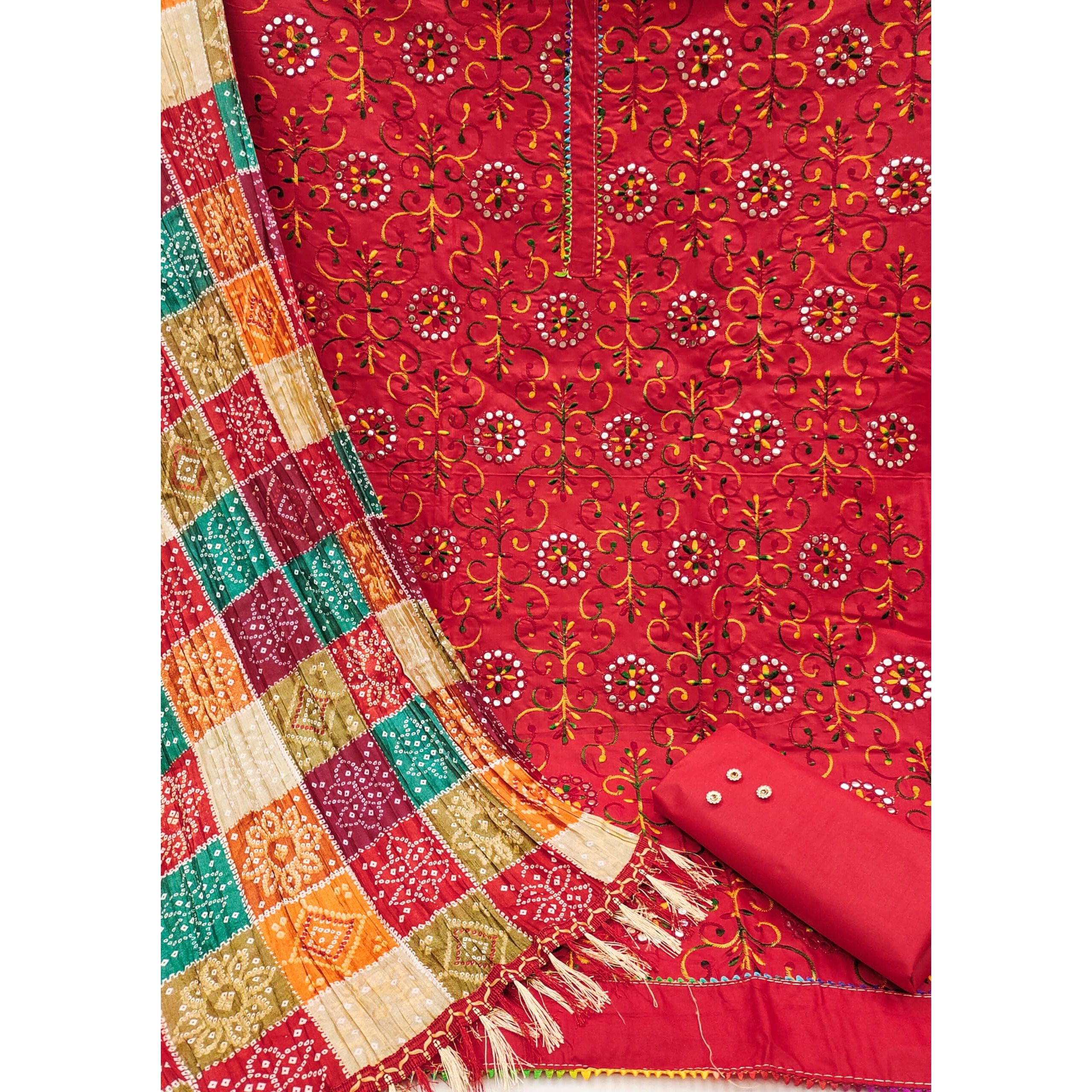 Sidhidata Womens Heavy Cotton Embroidery Work Unstitched Salwar Suit Dress Material With Bandhej/Bandhani Print Dupatta (DM Goli Mirror Red_Red_Free Size)