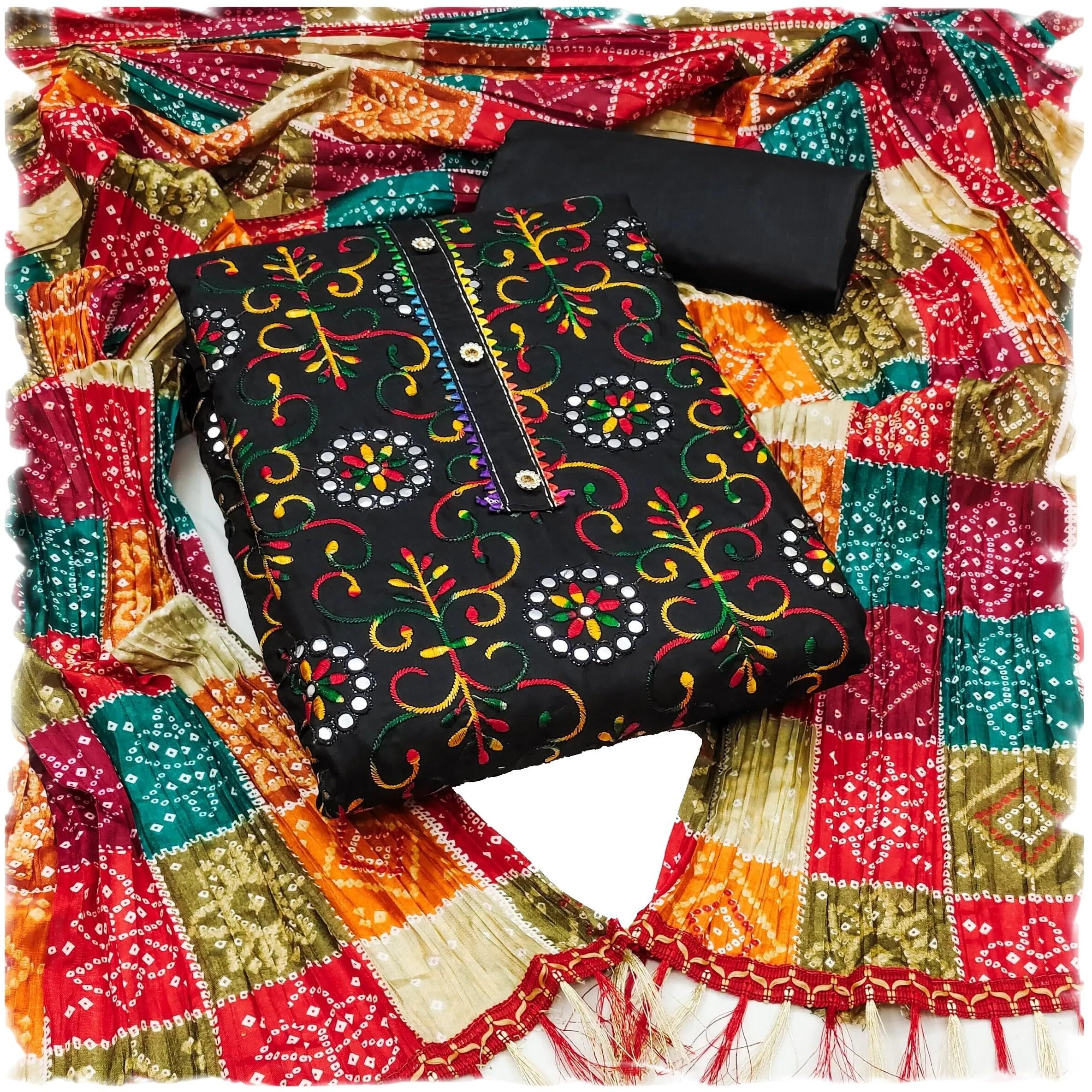 Sidhidata Womens Heavy Cotton Embroidery Work Unstitched Salwar Suit Dress Material With Bandhej/Bandhani Print Dupatta (DM Goli Mirror Black_Black_Free Size)