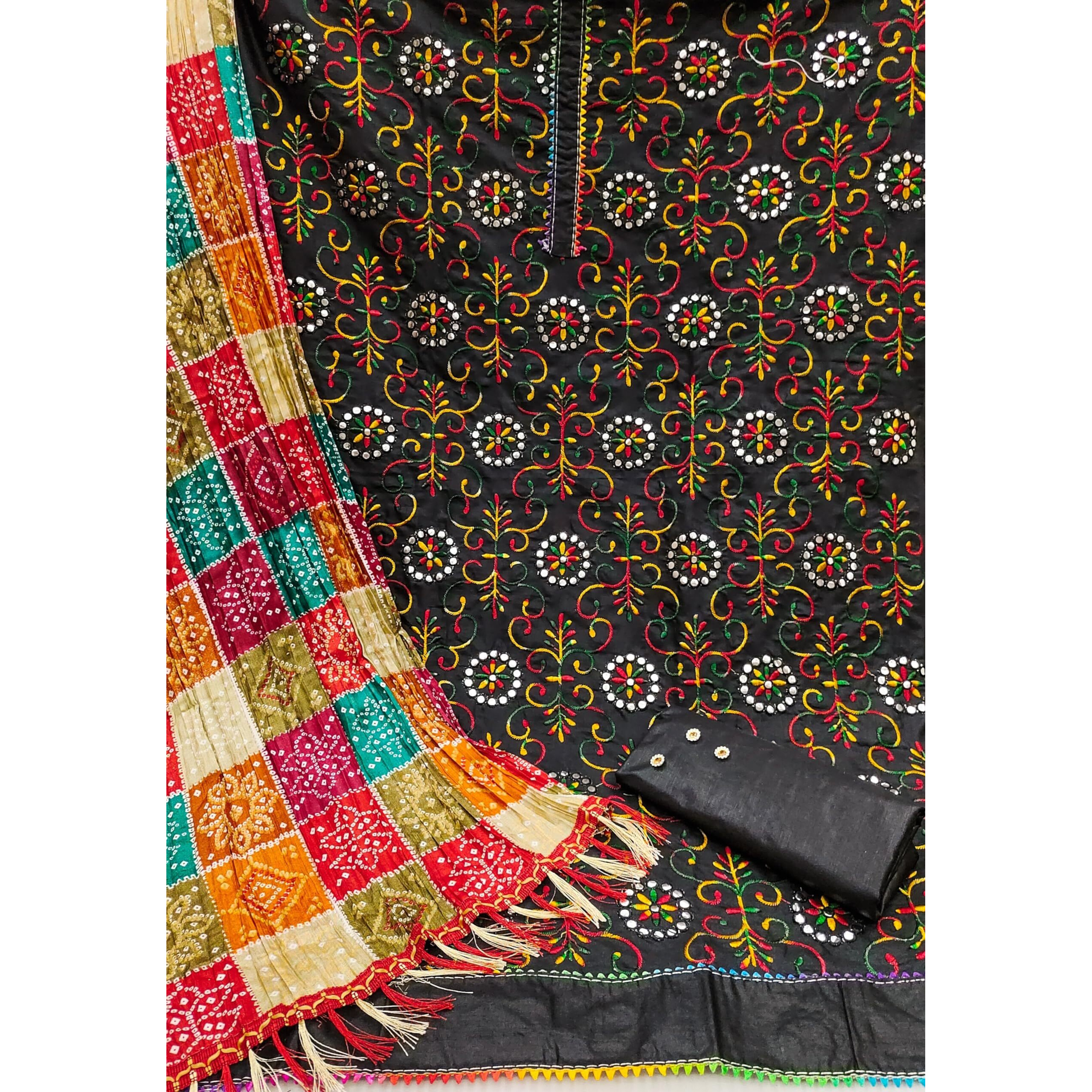 Sidhidata Womens Heavy Cotton Embroidery Work Unstitched Salwar Suit Dress Material With Bandhej/Bandhani Print Dupatta (DM Goli Mirror Black_Black_Free Size)