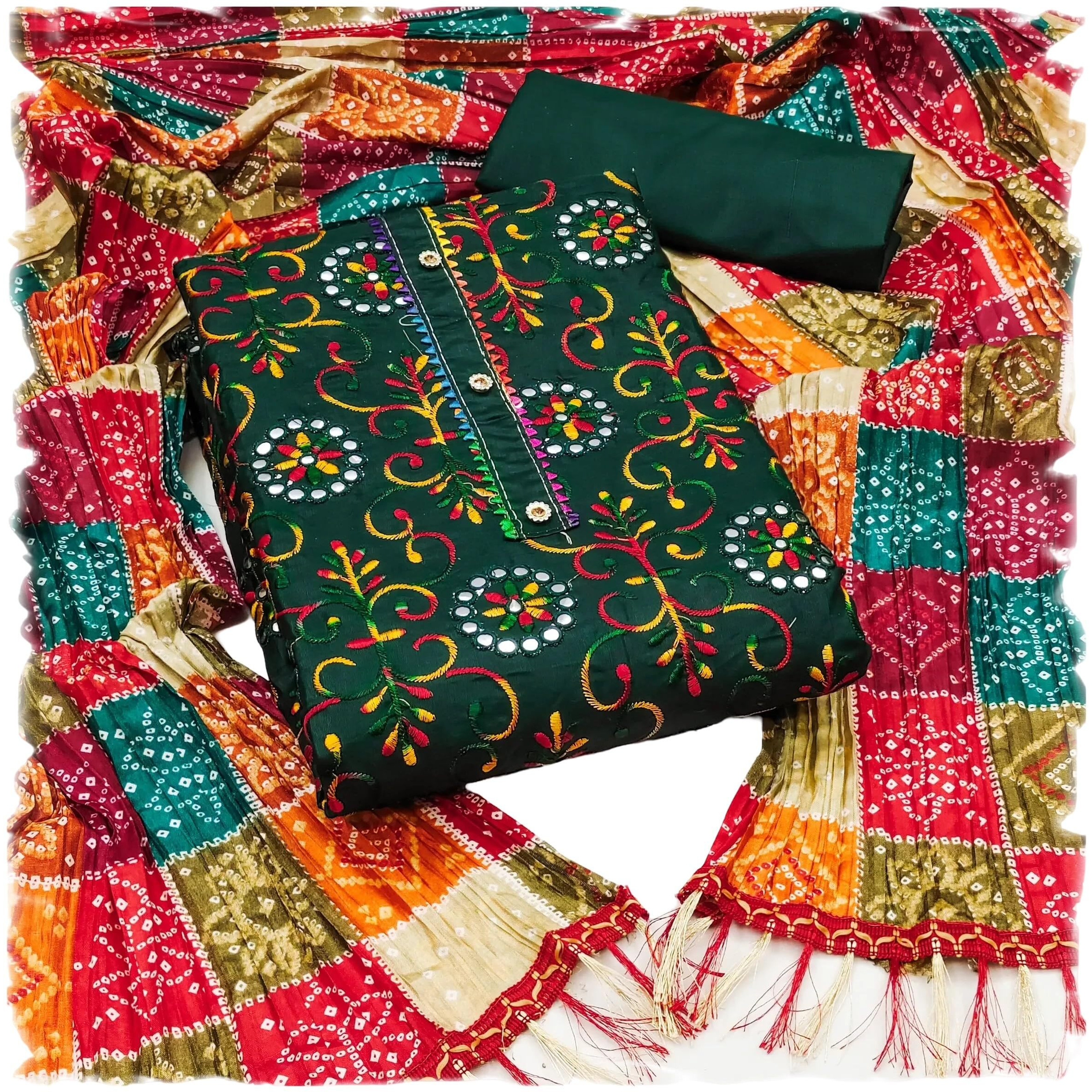 Sidhidata Womens Heavy Cotton Embroidery Work Unstitched Salwar Suit Dress Material With Bandhej/Bandhani Print Dupatta (DM Goli Mirror Green_Green_Free Size)