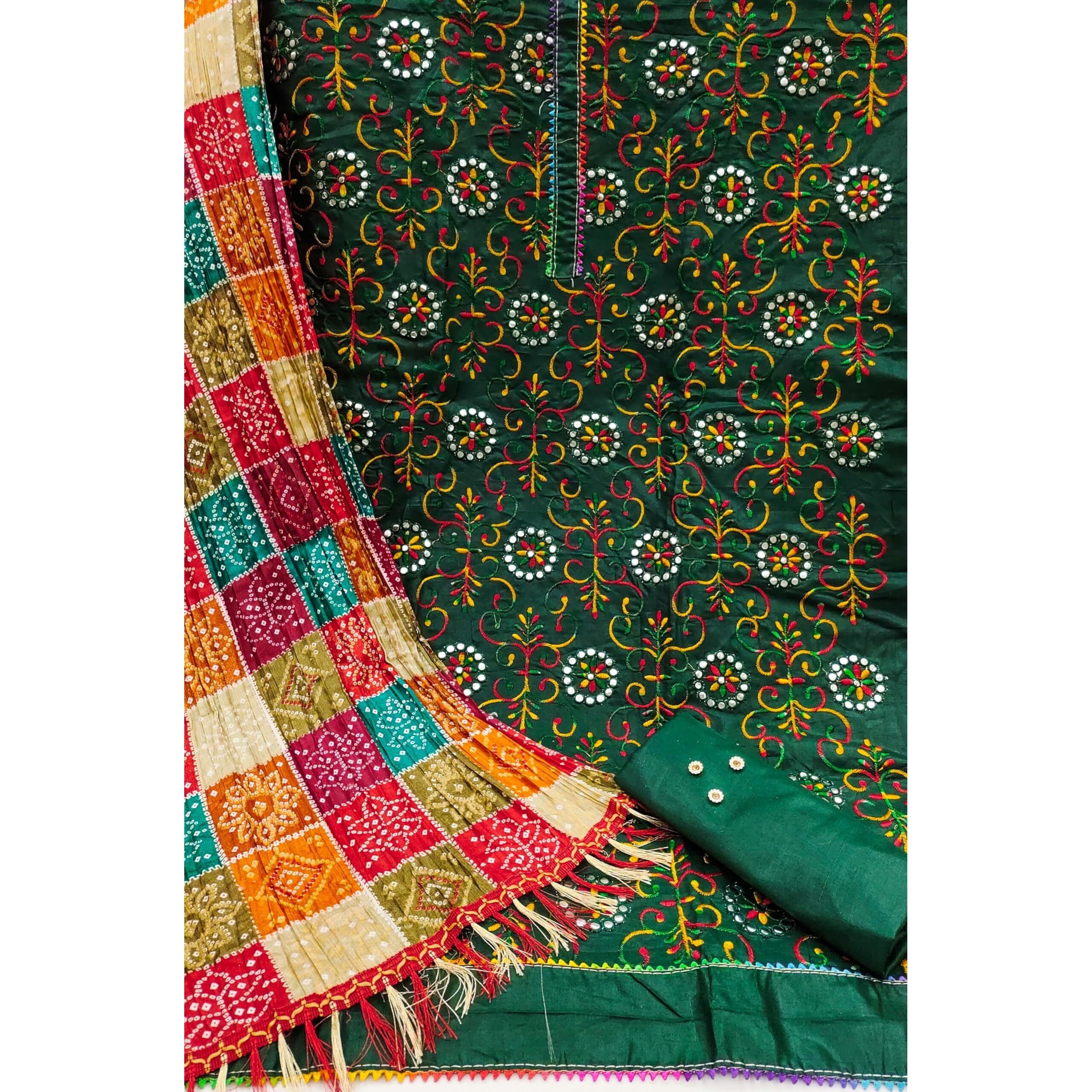 Sidhidata Womens Heavy Cotton Embroidery Work Unstitched Salwar Suit Dress Material With Bandhej/Bandhani Print Dupatta (DM Goli Mirror Green_Green_Free Size)