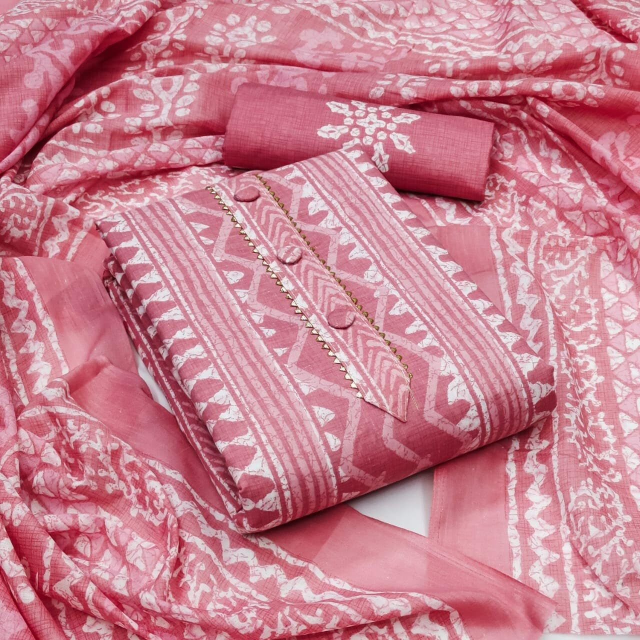 Sidhidata Womens Cotton Printed Unstitched Salwar Suit Dress Material With Printed Dupatta (DM Batik Pink_Pink_Free Size)