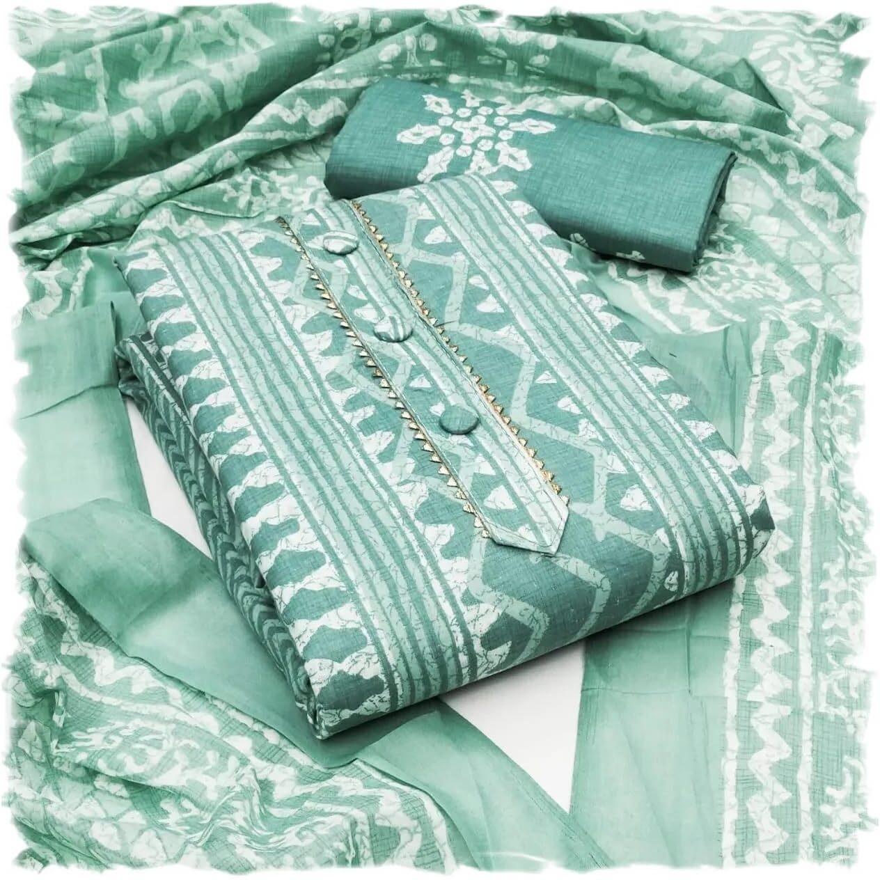 Sidhidata Womens Cotton Printed Unstitched Salwar Suit Dress Material With Printed Dupatta (DM Batik Seagreen_Seagreen_Free Size)