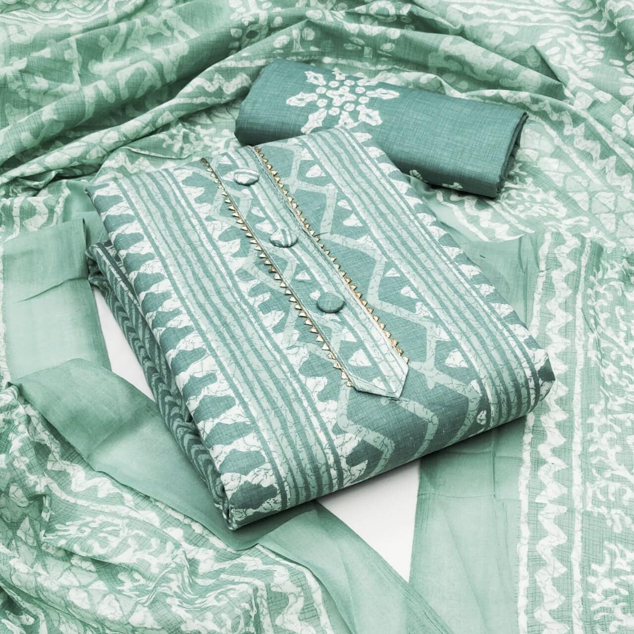 Sidhidata Womens Cotton Printed Unstitched Salwar Suit Dress Material With Printed Dupatta (DM Batik Seagreen_Seagreen_Free Size)