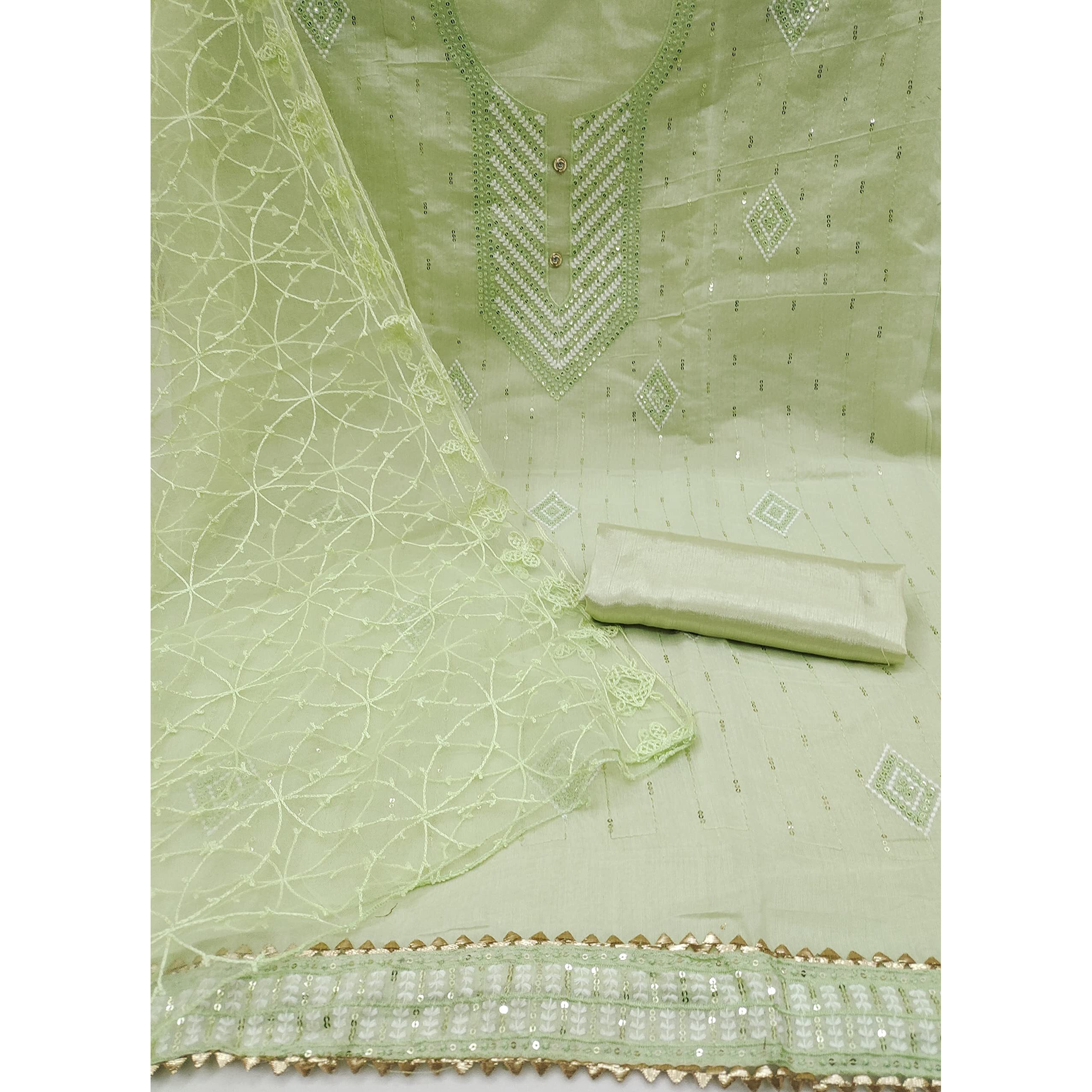 Sidhidata Womens Heavy Cotton Embroidery Work Unstitched Salwar Suit Dress Material With Chanderi Work Dupatta (Free Size) (Pista Green)