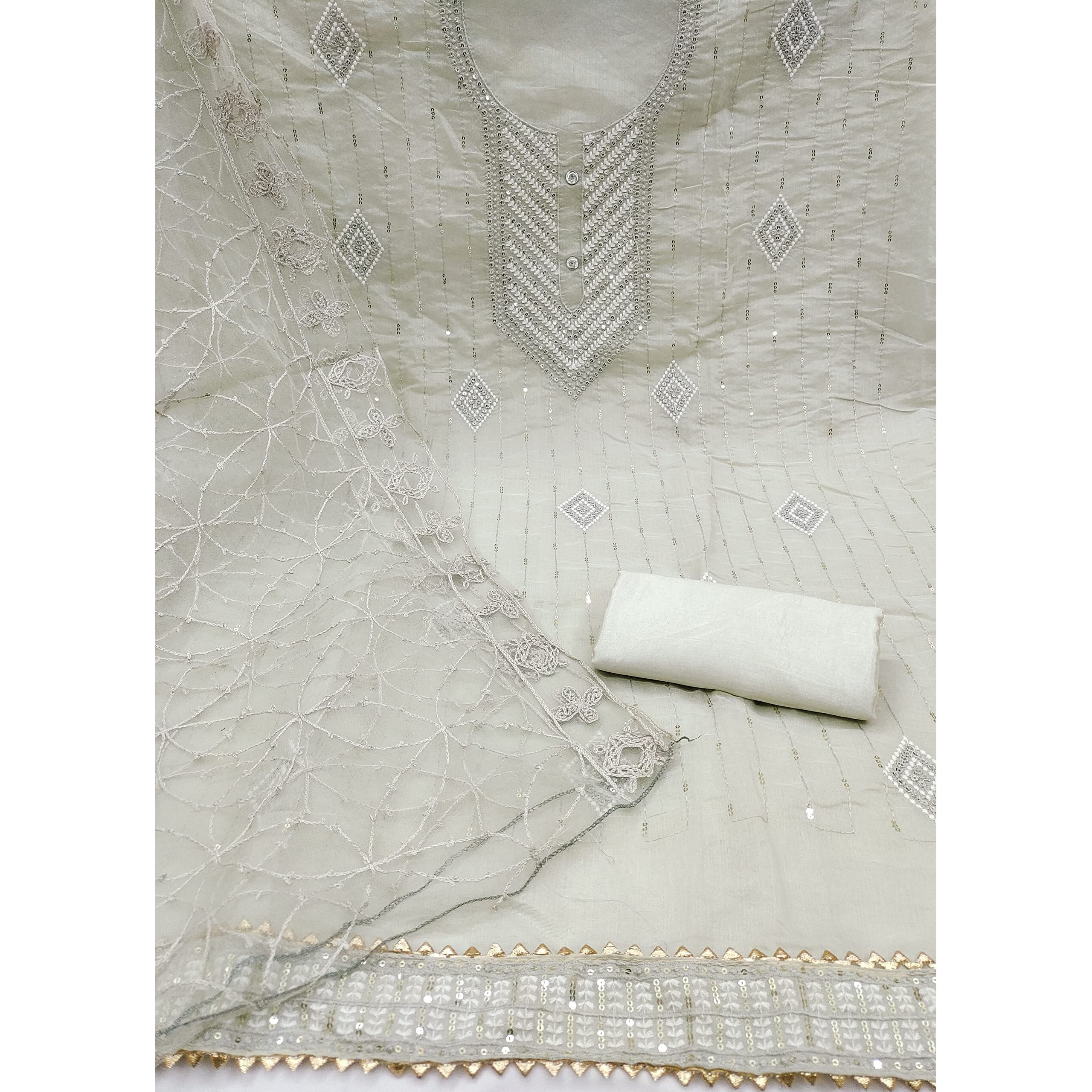 Sidhidata Womens Heavy Cotton Embroidery Work Unstitched Salwar Suit Dress Material With Chanderi Work Dupatta (Free Size) (Greyy)