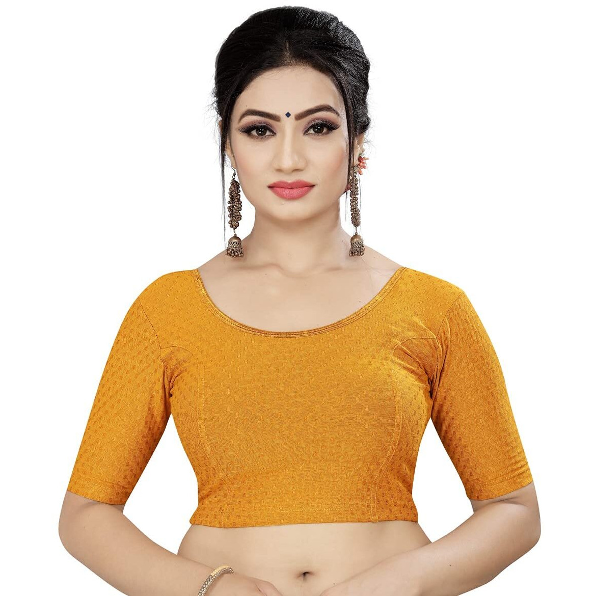 Sidhidata Womens Cotton Solid Short Sleeve Readymade Blouse (PS Dobby_Mustard_Free Size-38-42)