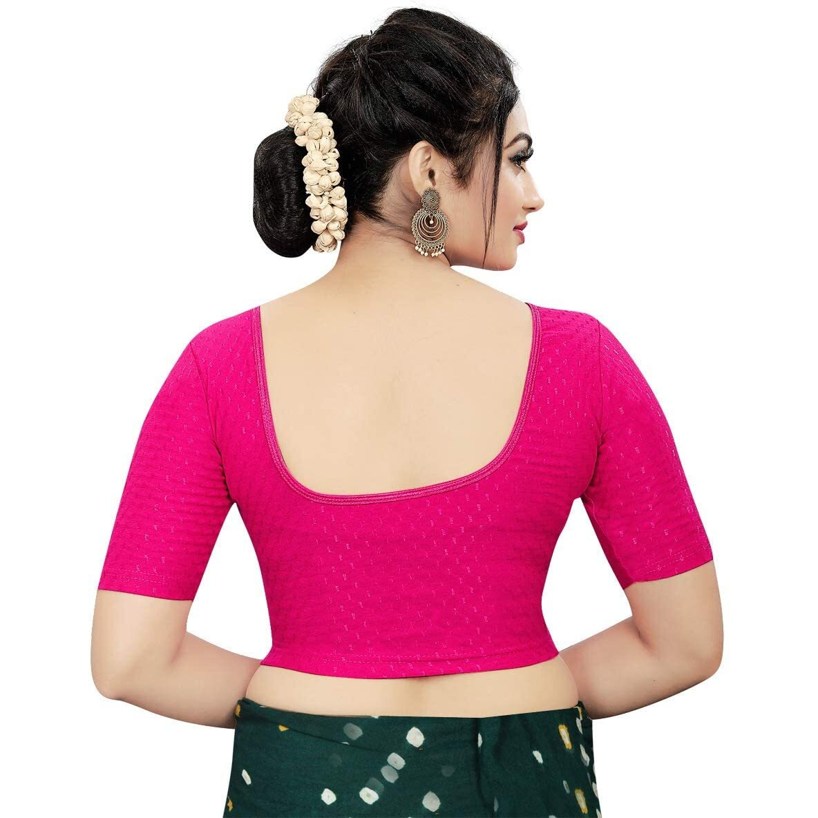 Sidhidata Round Neck Dobby Cotton Lycra Stretchable Elbow Sleeve Readymade Saree Blouse for Women Stylish (Free Size) (Rani, Free Size-38-42)
