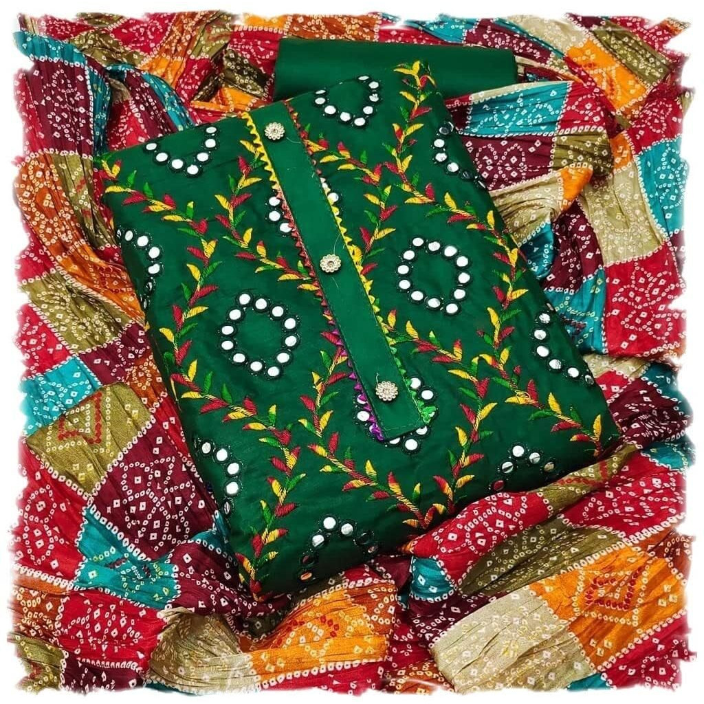 Sidhidata Womens Heavy Cotton Embroidery Work Unstitched Salwar Suit Dress Material With Chinon Bandhani Printed Dupatta (DM Mirror Green_Green_Free Size)