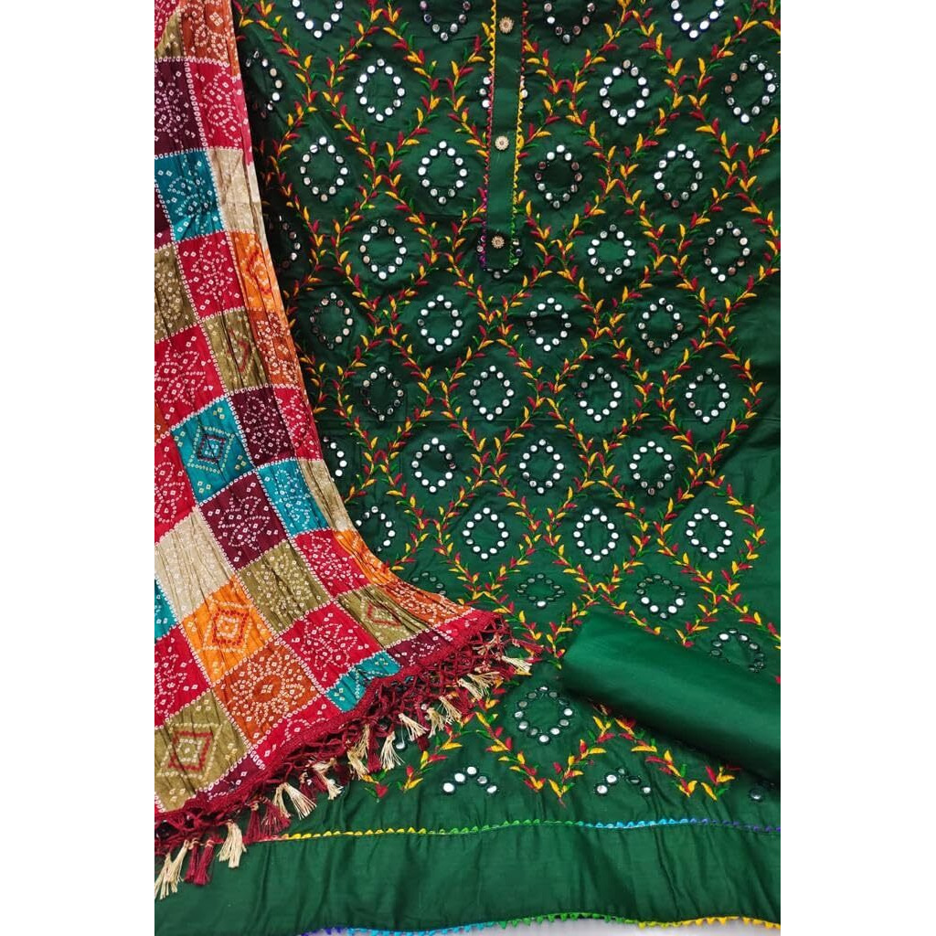 Sidhidata Womens Heavy Cotton Embroidery Work Unstitched Salwar Suit Dress Material With Chinon Bandhani Printed Dupatta (DM Mirror Green_Green_Free Size)