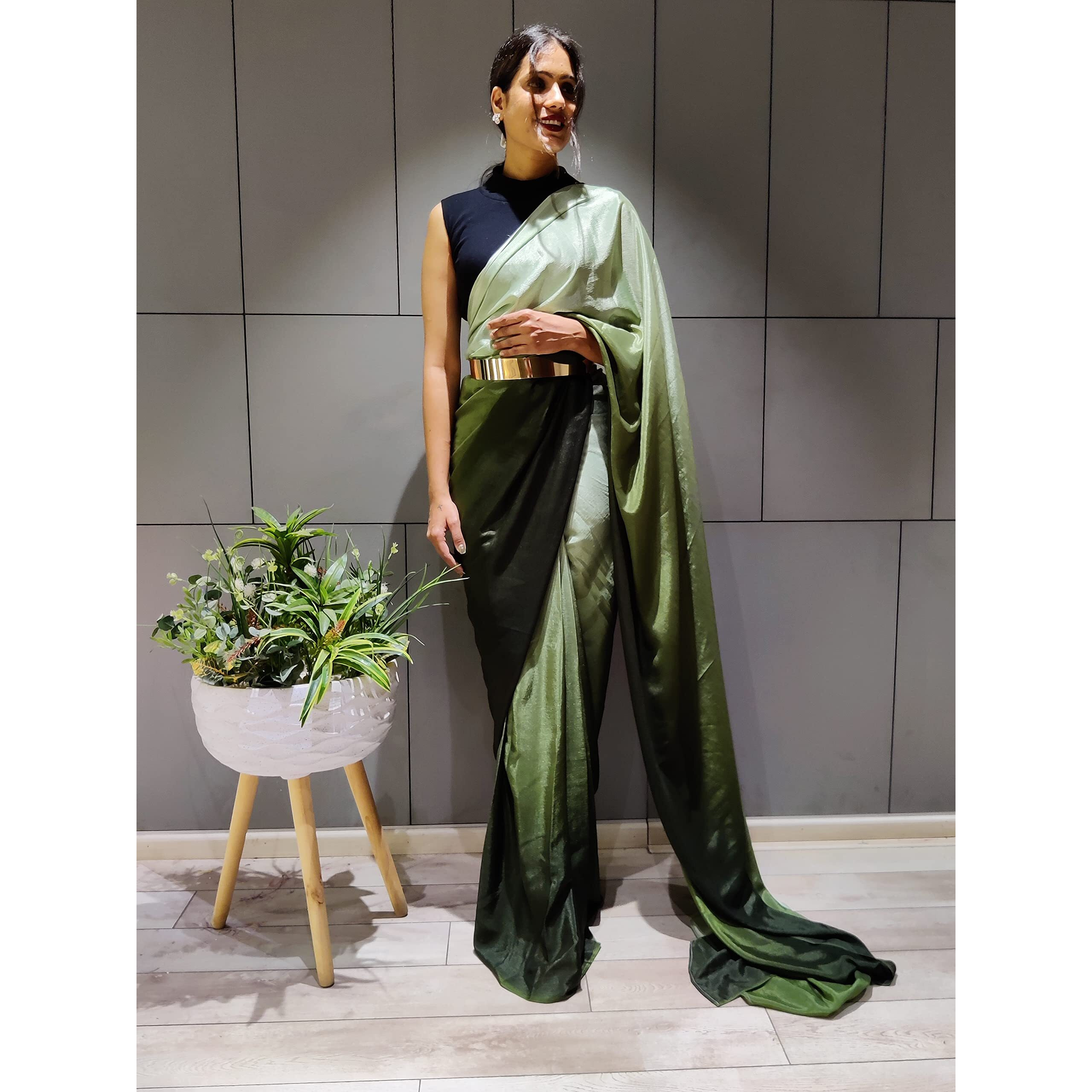 Sidhidata Womens Chiffon Georgette Ready To Wear saree With Unstitched Blouse Piece (RTW Mehandi With Belt_Mehandi_Free Size)