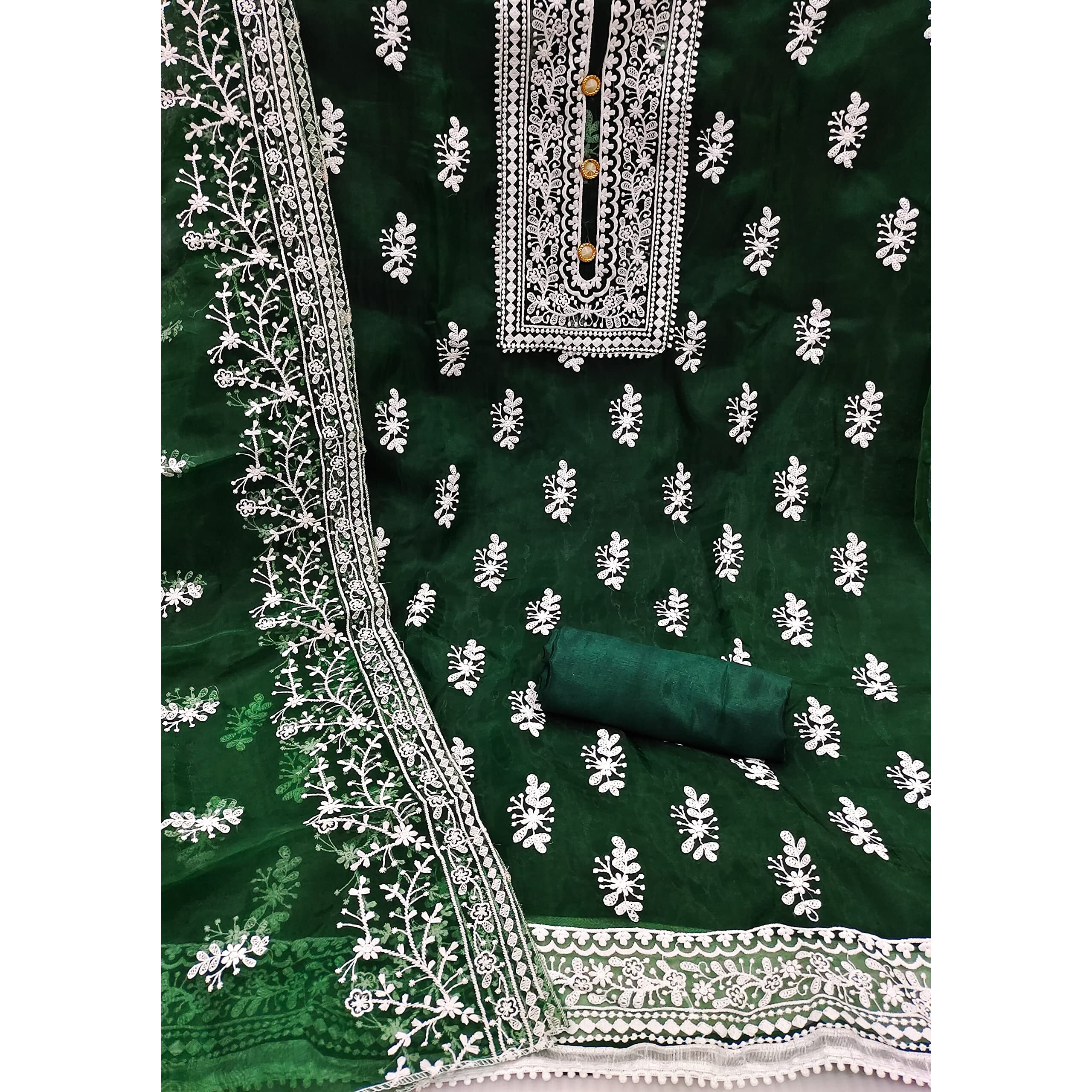 Sidhidata Womens Organza Embroidered Unstitched Salwar Suit Dress Material With Embroidery Work Dupatta (DM HumTum Bottle Green_Bottle Green_Free Size)