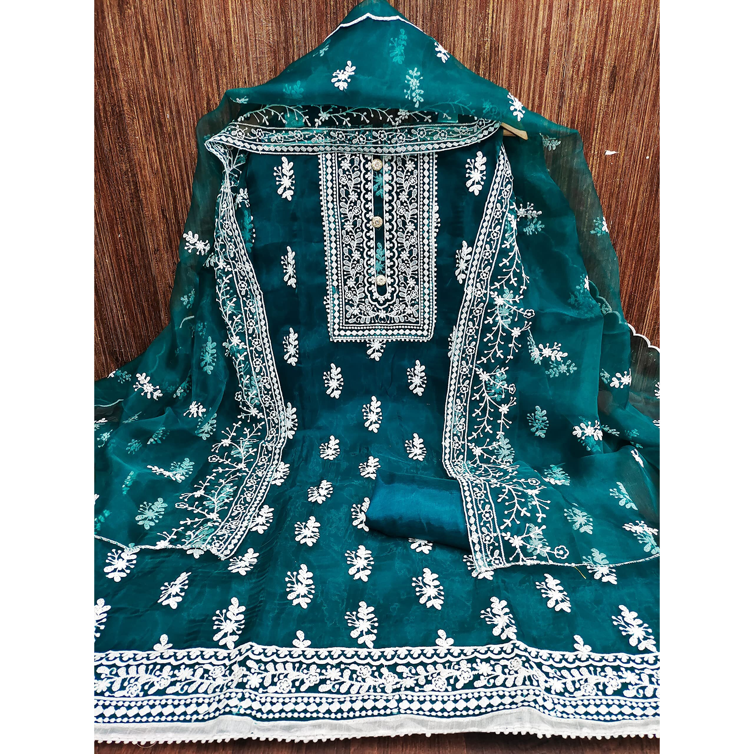 Sidhidata Womens Organza Embroidered Unstitched Salwar Suit Dress Material With Embroidery Work Dupatta (DM HumTum Rama_Rama_Free Size)