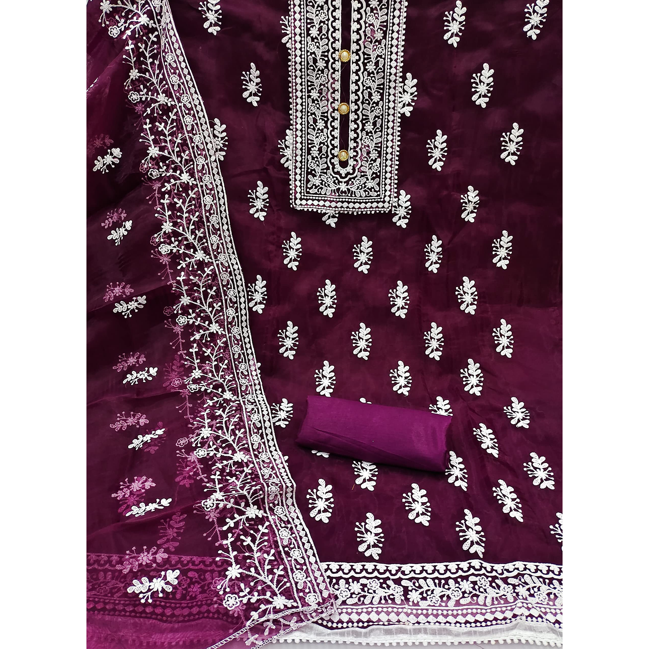 Sidhidata Womens Organza Embroidered Unstitched Salwar Suit Dress Material With Embroidery Work Dupatta (DM HumTum Jamli_Jamli_Free Size)