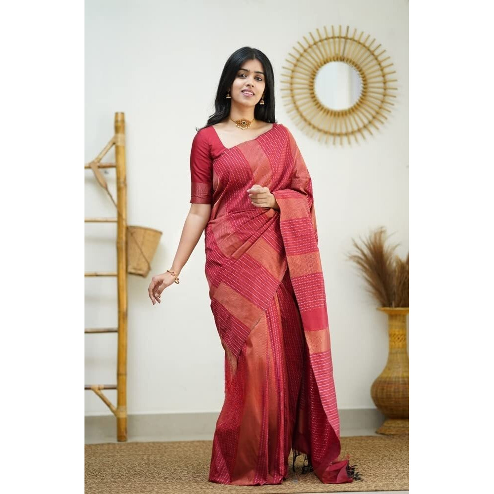 Sidhidata Textile Womens Banarasi Soft Silk Saree With Unstitched Blouse Piece (Free Size) (C Red)