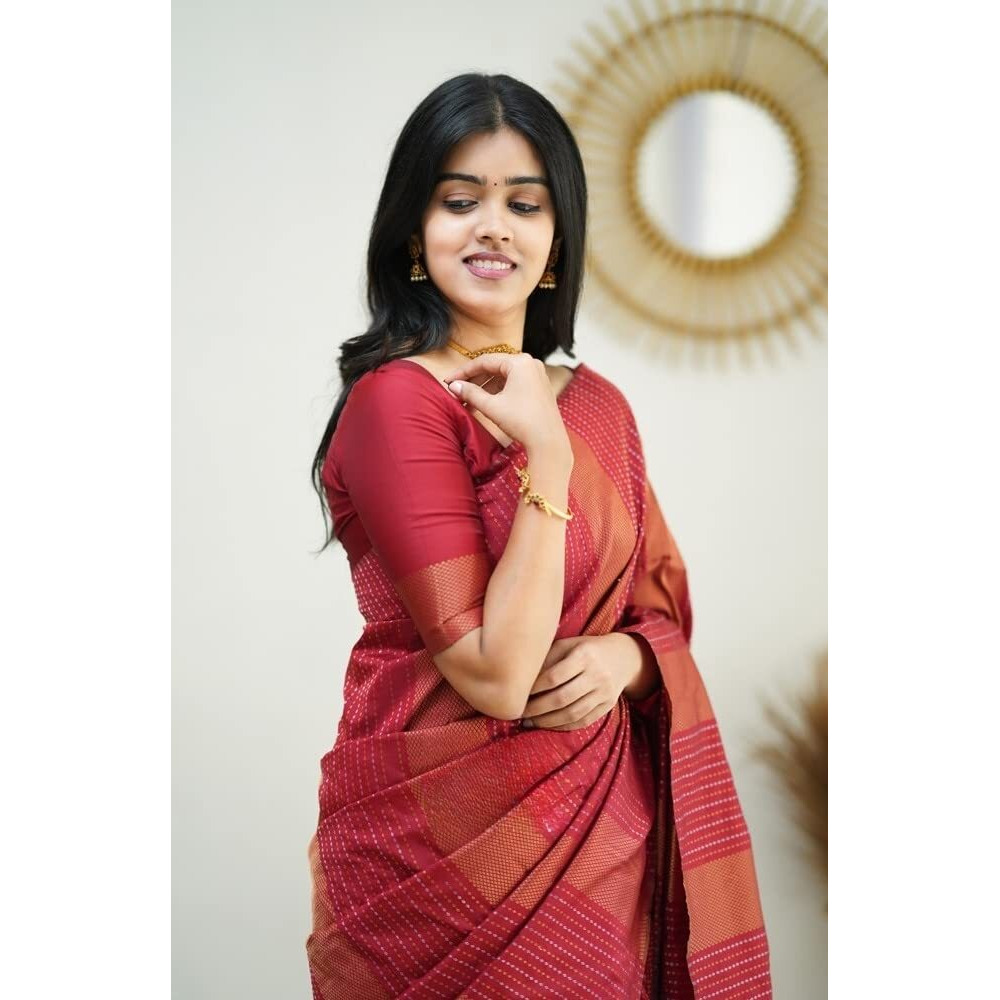 Sidhidata Textile Womens Banarasi Soft Silk Saree With Unstitched Blouse Piece (Free Size) (C Red)