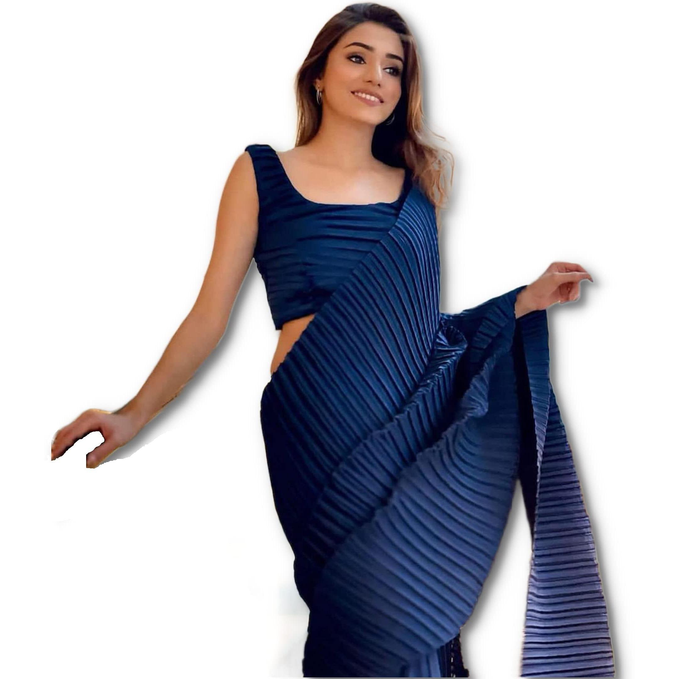 Sidhidata Womens Full Crushed/Pleated Satin Saree With Unstitched Blouse Piece (Navy Blue)
