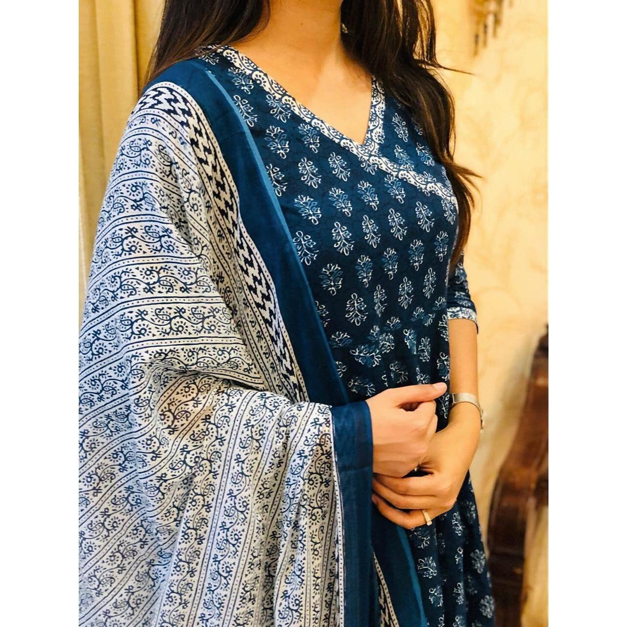 Sidhidata Womens Rayon Printed Anarkali Kurta Pant and Dupatta Set (AKL Leaf Blue_XXL_Blue_XX-Large)