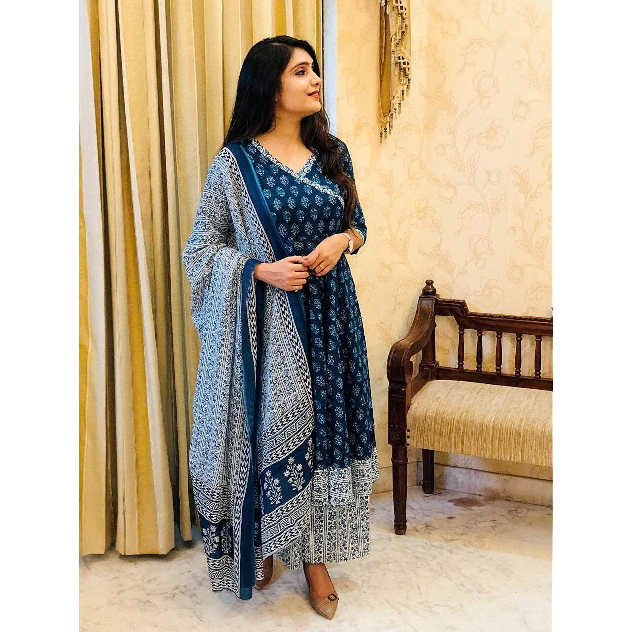 Sidhidata Womens Rayon Printed Anarkali Kurta Pant and Dupatta Set (AKL Leaf Blue_XXL_Blue_XX-Large)