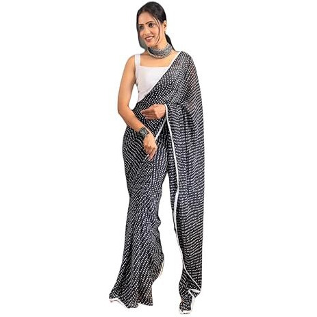 Sidhidata Womens Georgette Bandhni/Bandhej Printed Ready To Wear 1 Minute Saree With Unstitched Blouse Piece (RTW Bandhani Black_Black_Free Size)