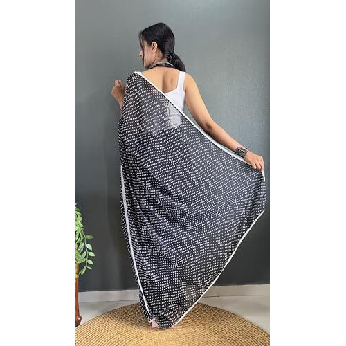 Sidhidata Womens Georgette Bandhni/Bandhej Printed Ready To Wear 1 Minute Saree With Unstitched Blouse Piece (RTW Bandhani Black_Black_Free Size)