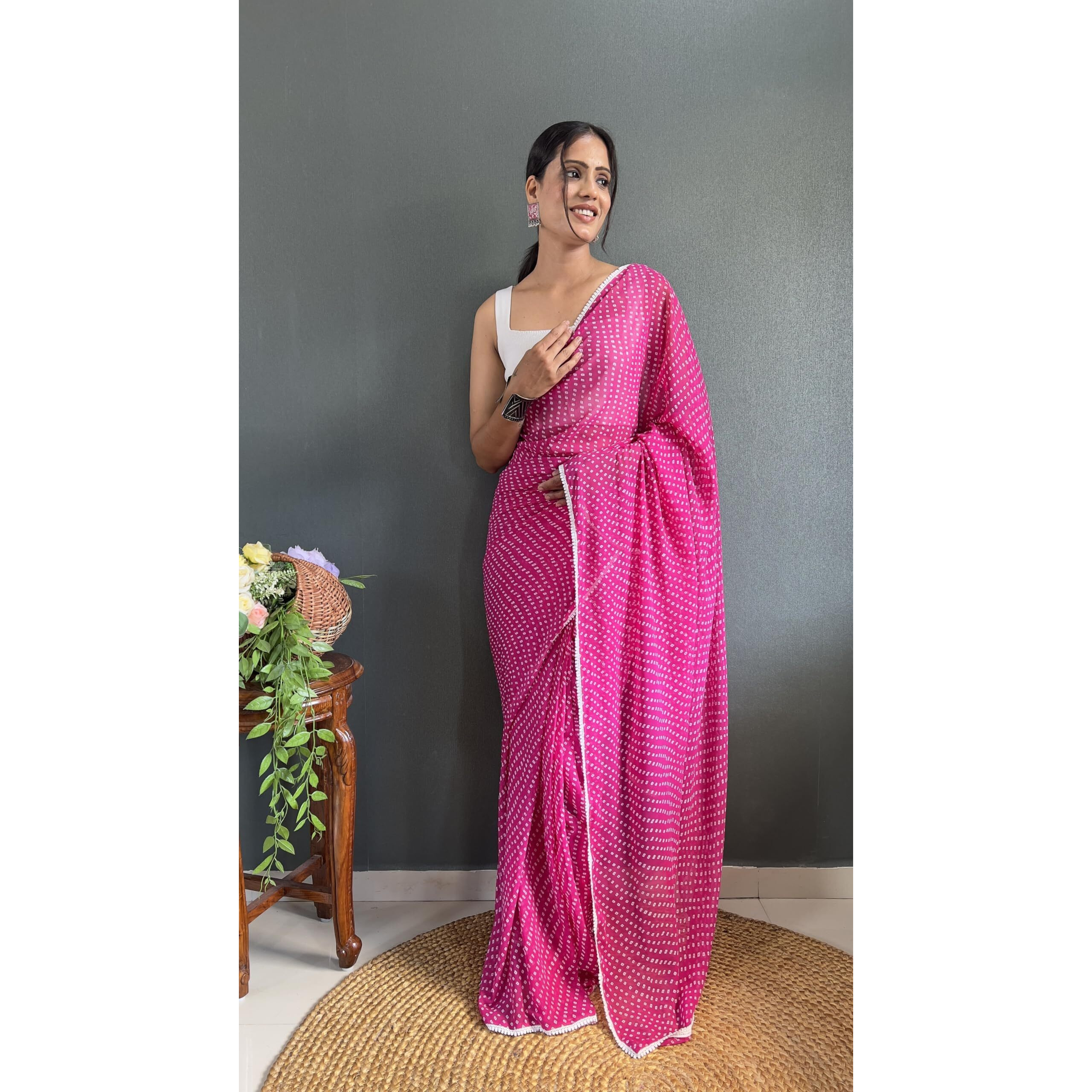 Sidhidata Womens Georgette Bandhni/Bandhej Printed Ready To Wear 1 Minute Saree With Unstitched Blouse Piece (RTW Bandhani Rani_Rani_Free Size)