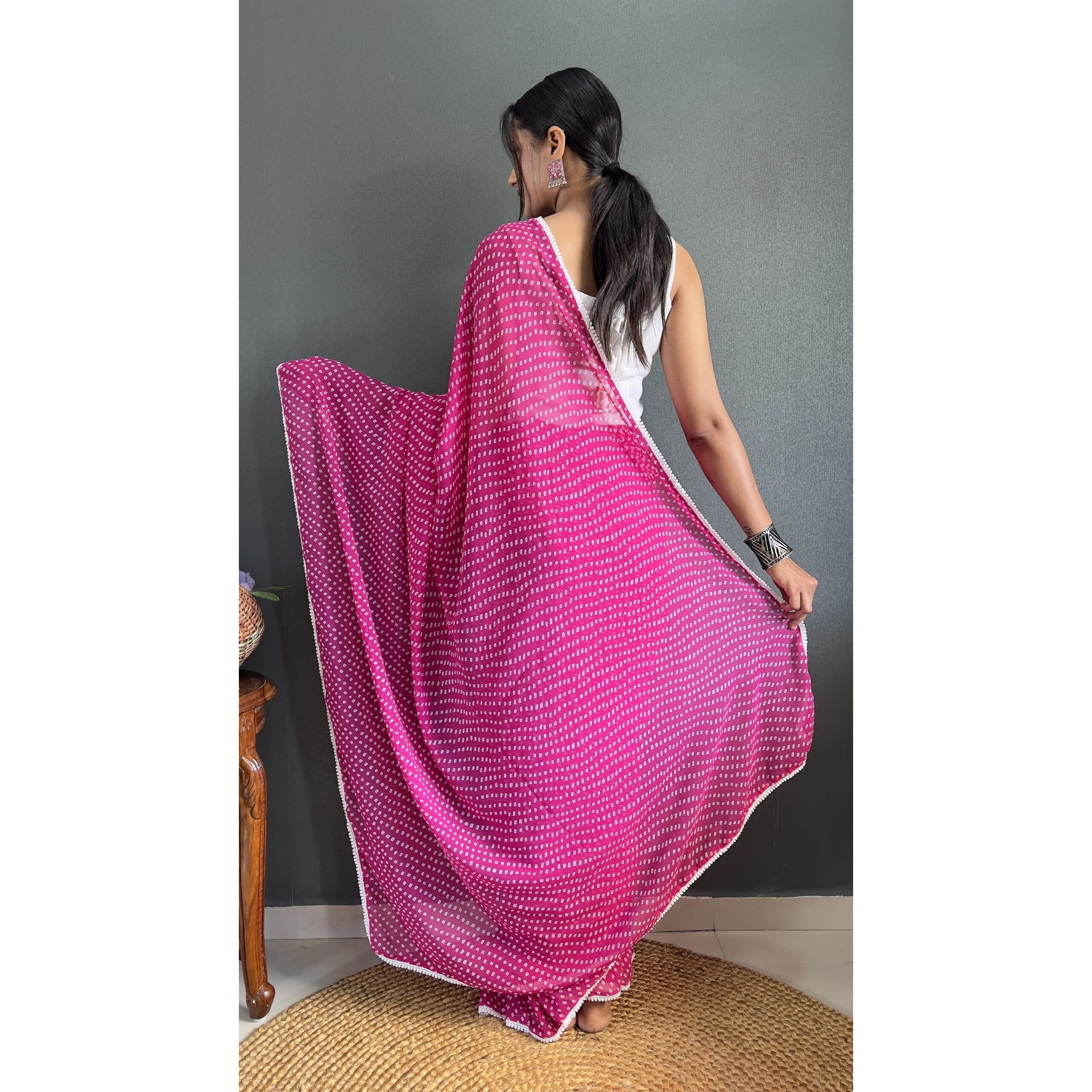 Sidhidata Womens Georgette Bandhni/Bandhej Printed Ready To Wear 1 Minute Saree With Unstitched Blouse Piece (RTW Bandhani Rani_Rani_Free Size)