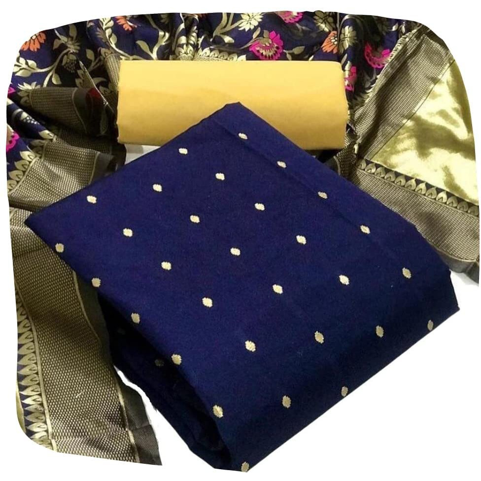 Sidhidata Womens Banarasi Jacquard Chanderi Cotton Unstitched Salwar Suit Dress Material With Dupatta (Free Size_Navy Blue)