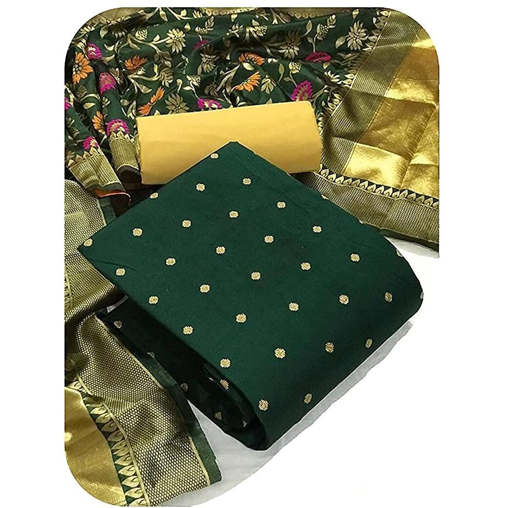 Sidhidata Womens Banarasi Jacquard Chanderi Cotton Unstitched Salwar Suit Dress Material With Dupatta (Free Size_Bottle Green)