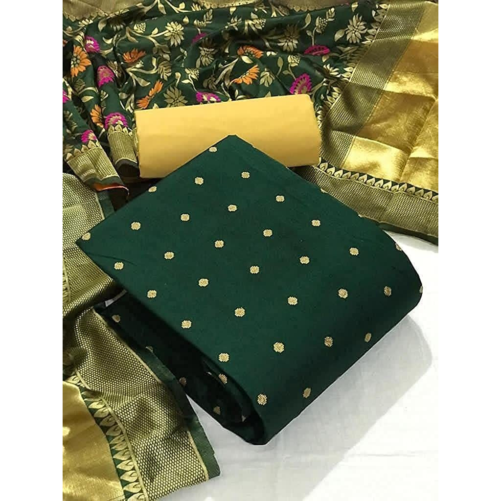 Sidhidata Womens Banarasi Jacquard Chanderi Cotton Unstitched Salwar Suit Dress Material With Dupatta (Free Size_Bottle Green)