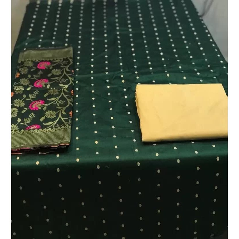 Sidhidata Womens Banarasi Jacquard Chanderi Cotton Unstitched Salwar Suit Dress Material With Dupatta (Free Size_Bottle Green)