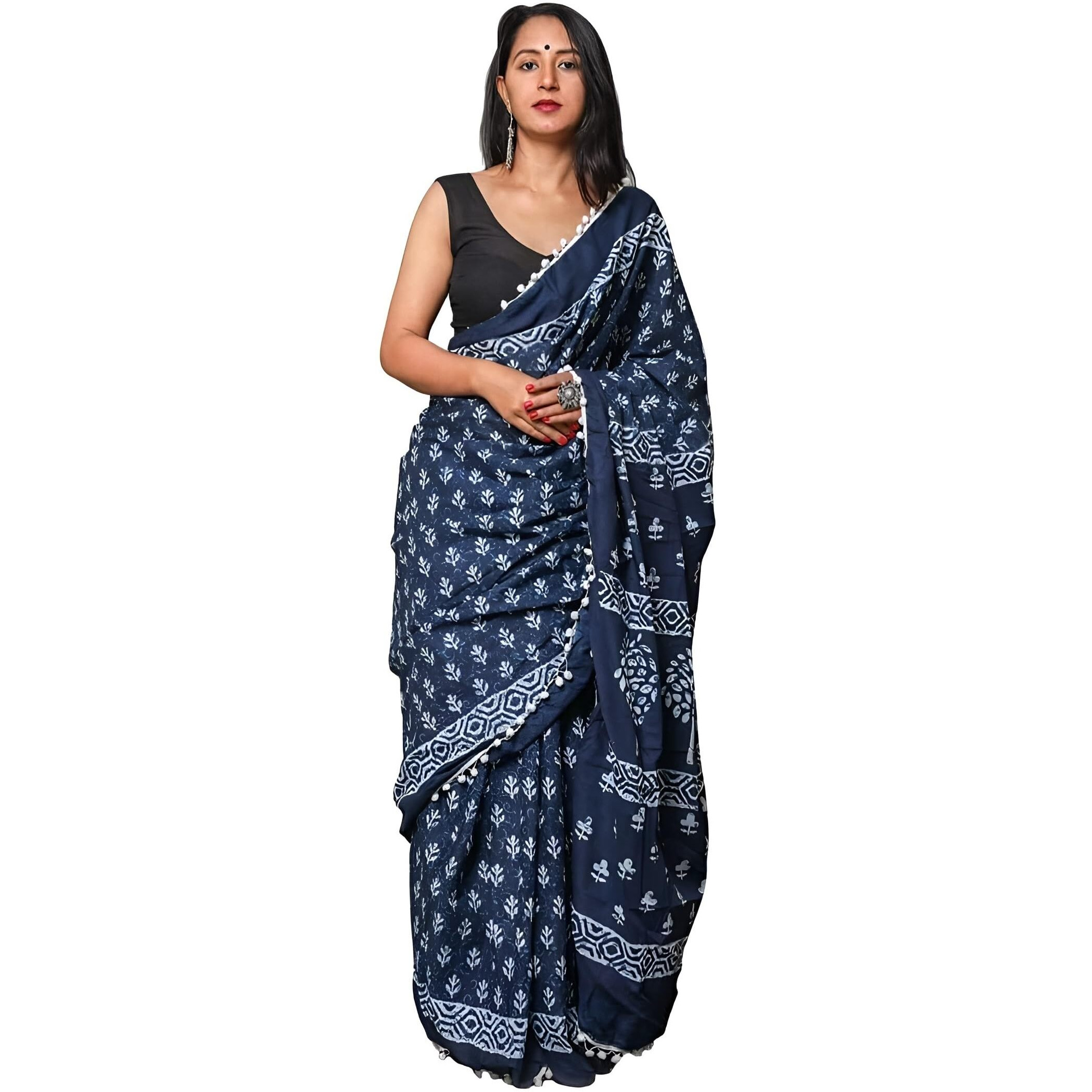 Sidhidata Womens Chanderi Cotton Printed Saree With Unstitched Blouse Piece (PomPom Navy Blue_Navy Blue_Free Size)