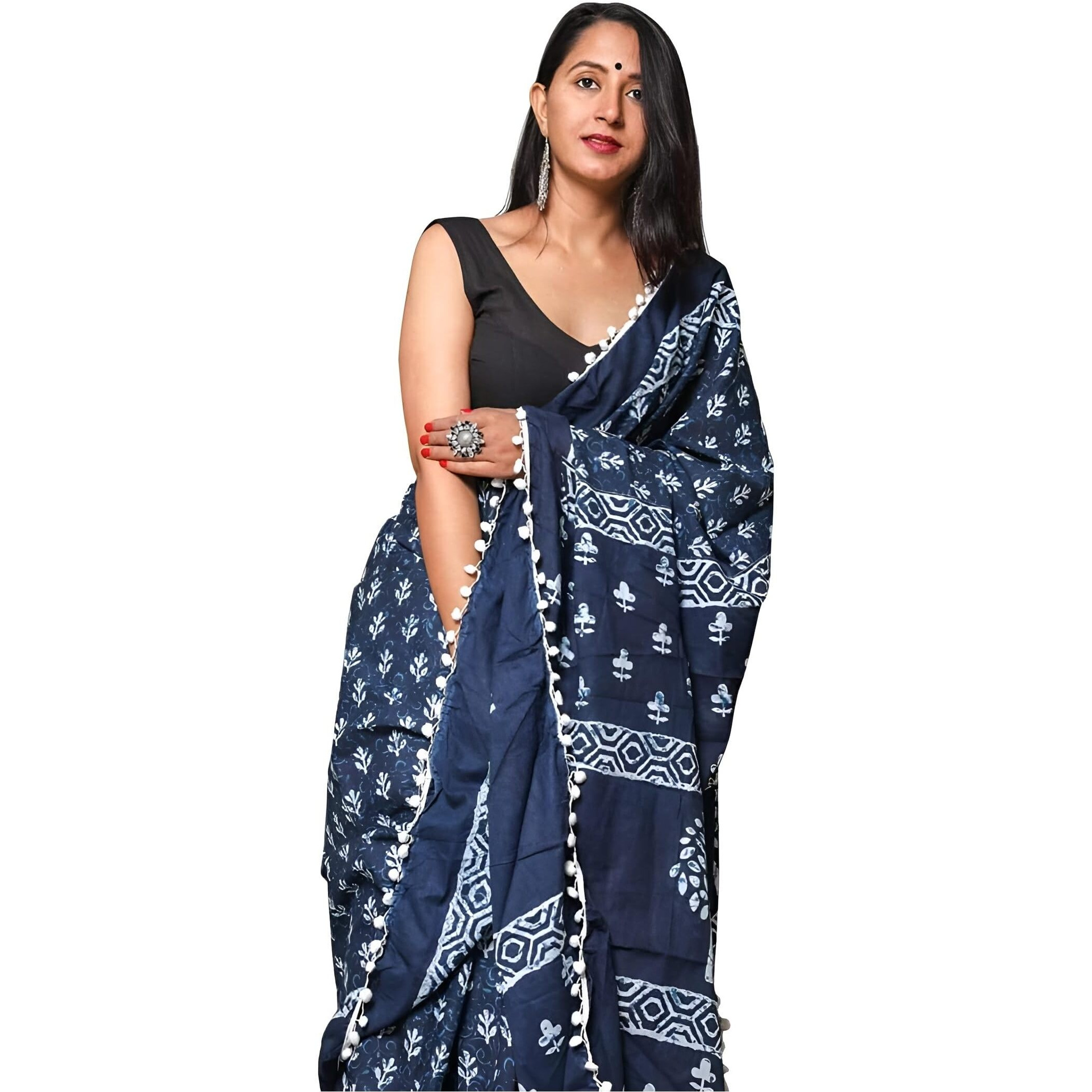 Sidhidata Womens Chanderi Cotton Printed Saree With Unstitched Blouse Piece (PomPom Navy Blue_Navy Blue_Free Size)