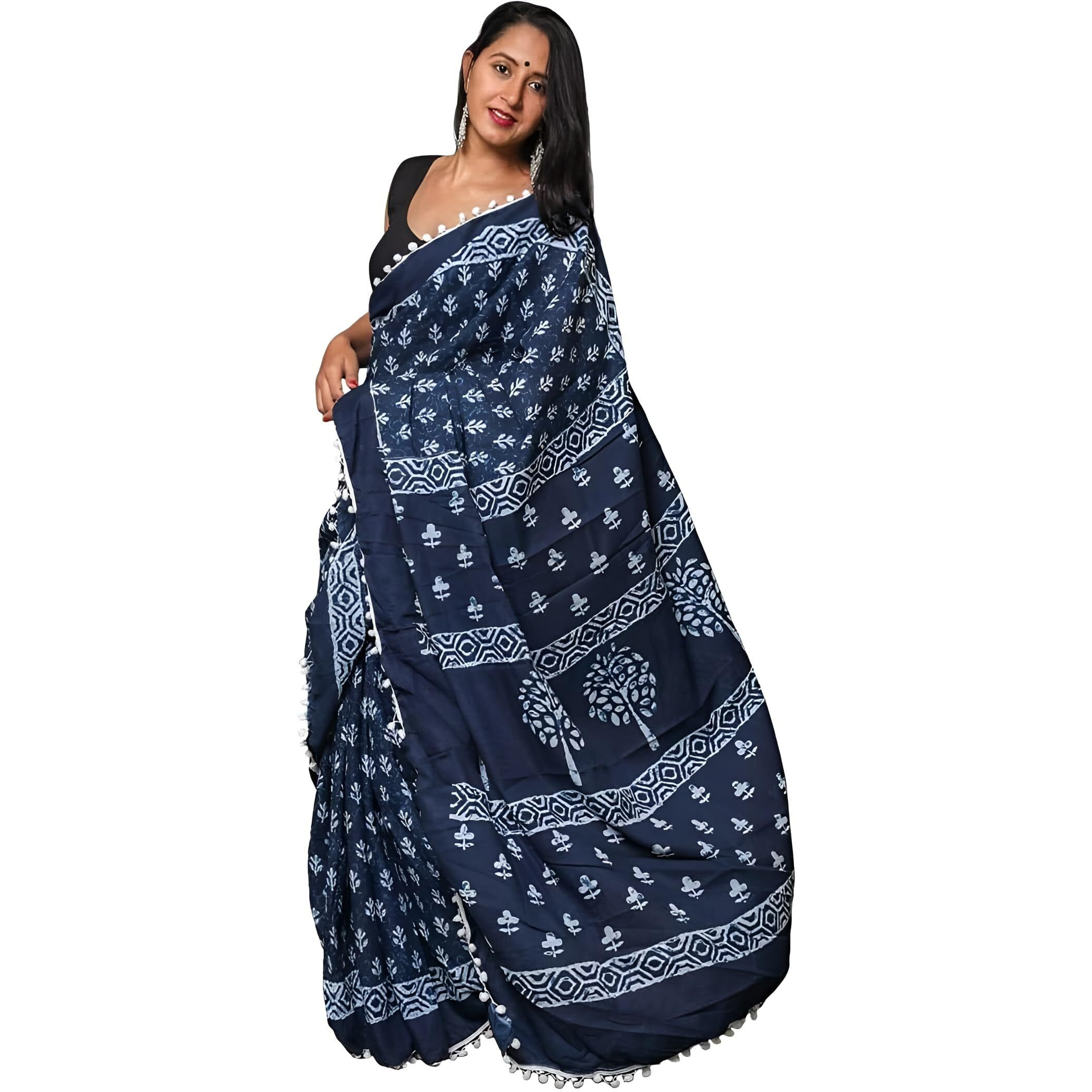 Sidhidata Womens Chanderi Cotton Printed Saree With Unstitched Blouse Piece (PomPom Navy Blue_Navy Blue_Free Size)