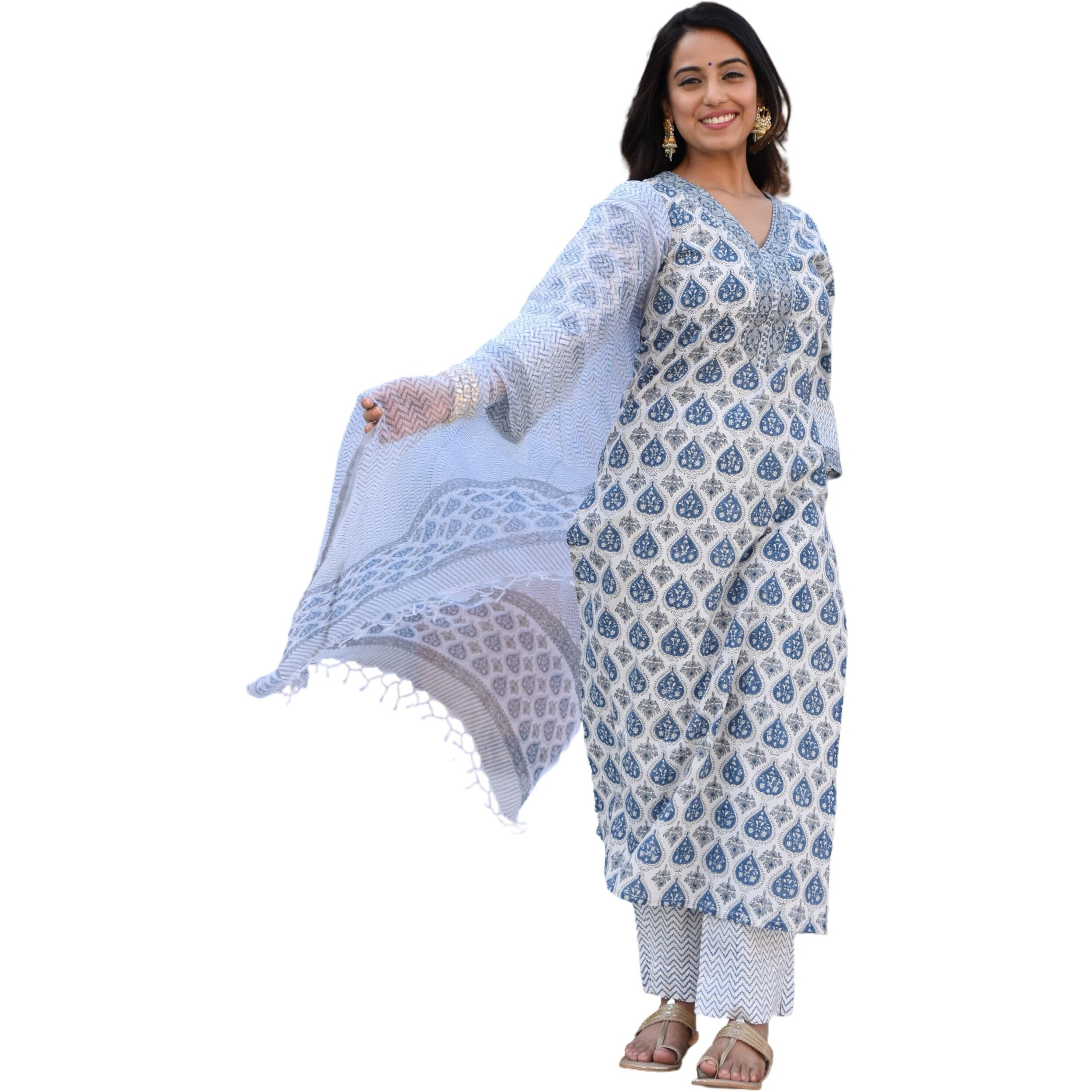 Sidhidata Womens Cotton Blend Printed Kurta Pant and Dupatta Set (KPS Heart Blue_XL_Blue_Extra Large)