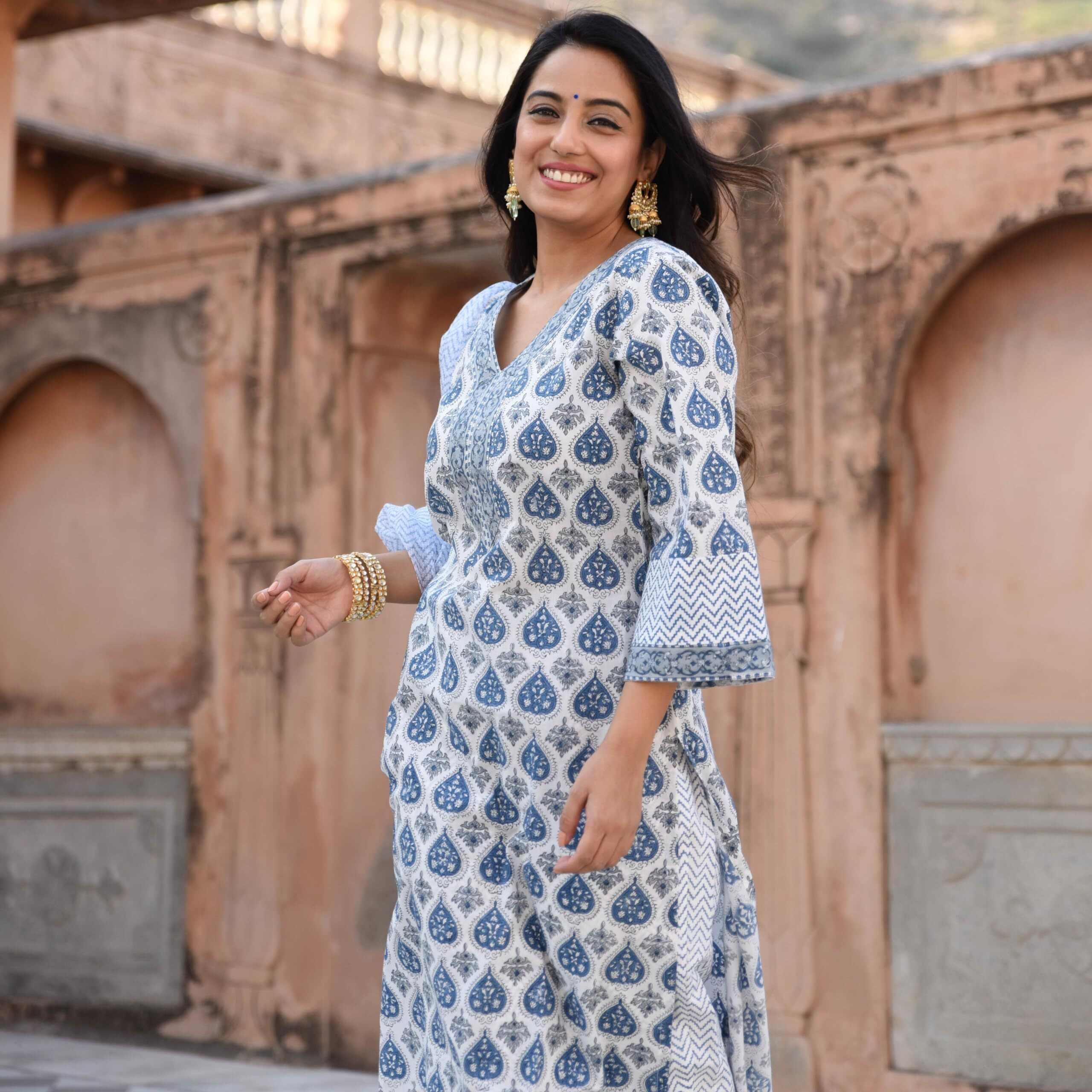 Sidhidata Womens Cotton Blend Printed Kurta Pant and Dupatta Set (KPS Heart Blue_M_Blue_Medium)