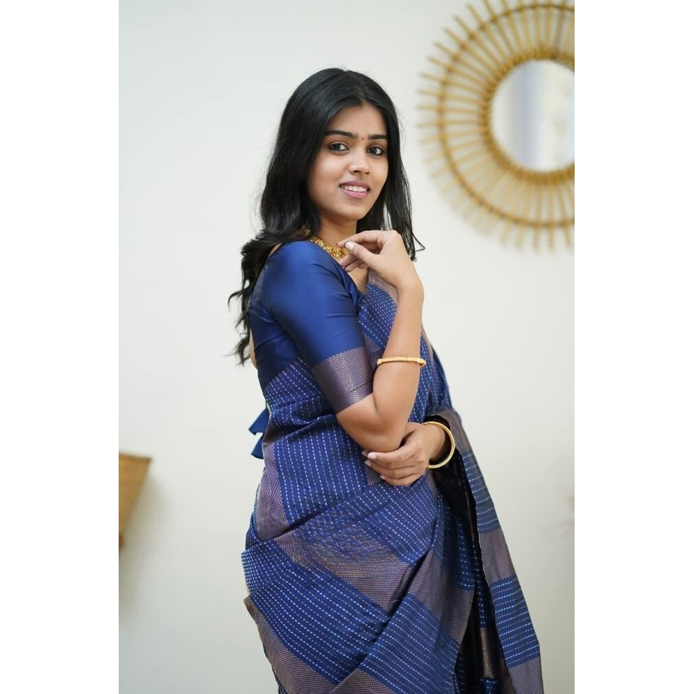 Sidhidata Womens Kanjivaram Banarasi Paithani Jacquard Silk Saree With Unstitched Blouse Piecee (Silk Heritagee Navy_Navy_Free Size)