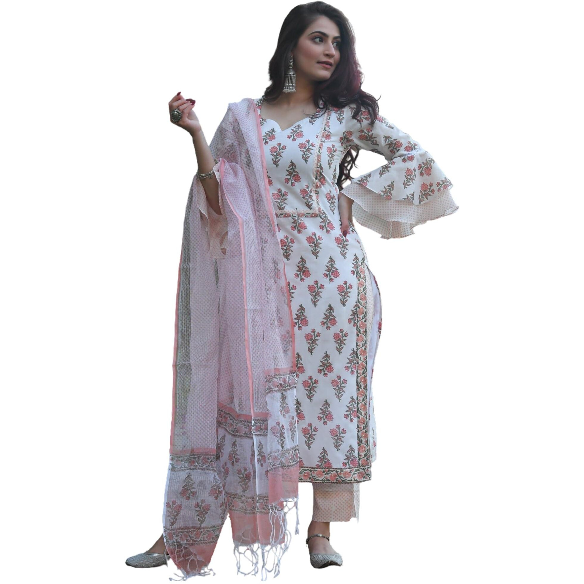Sidhidata Womens Cotton Blend Printed Kurta Pant and Dupatta Set (KPS Guldasta Pink_L_Blue_Large)