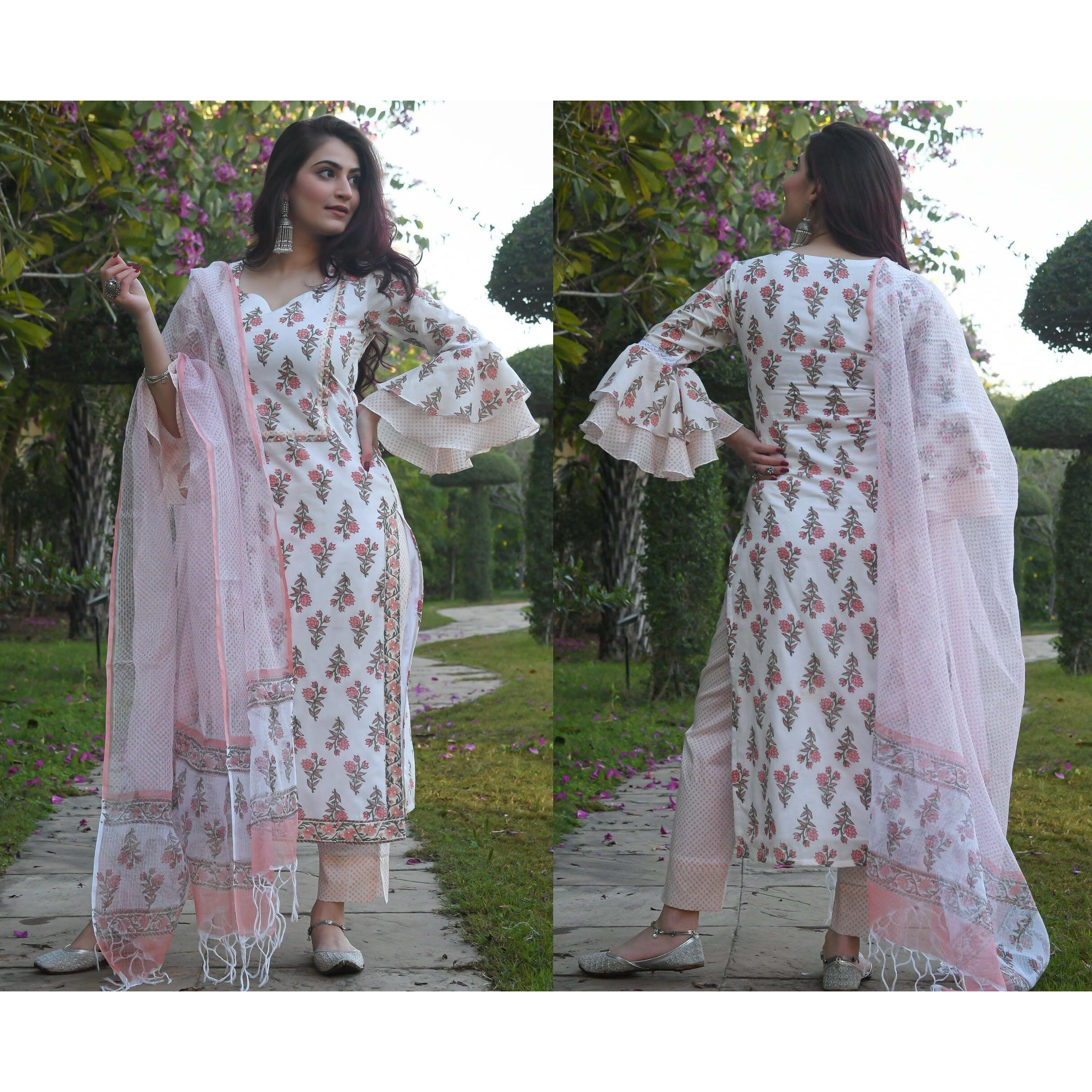 Sidhidata Womens Cotton Blend Printed Kurta Pant and Dupatta Set (KPS Guldasta Pink_L_Blue_Large)