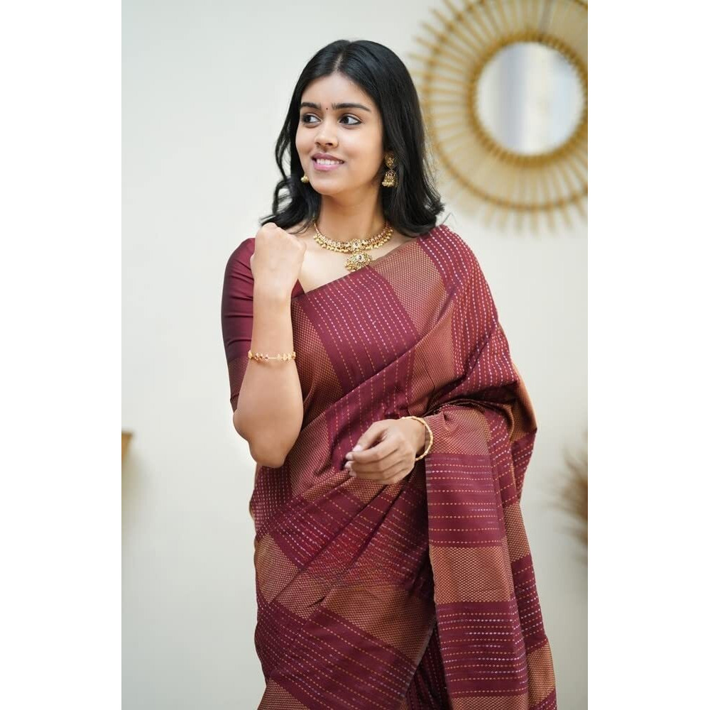 Sidhidata Womens Kanjivaram Banarasi Paithani Jacquard Silk Saree With Unstitched Blouse Piecee (Silk Heritagee Maroon_Maroon_Free Size)