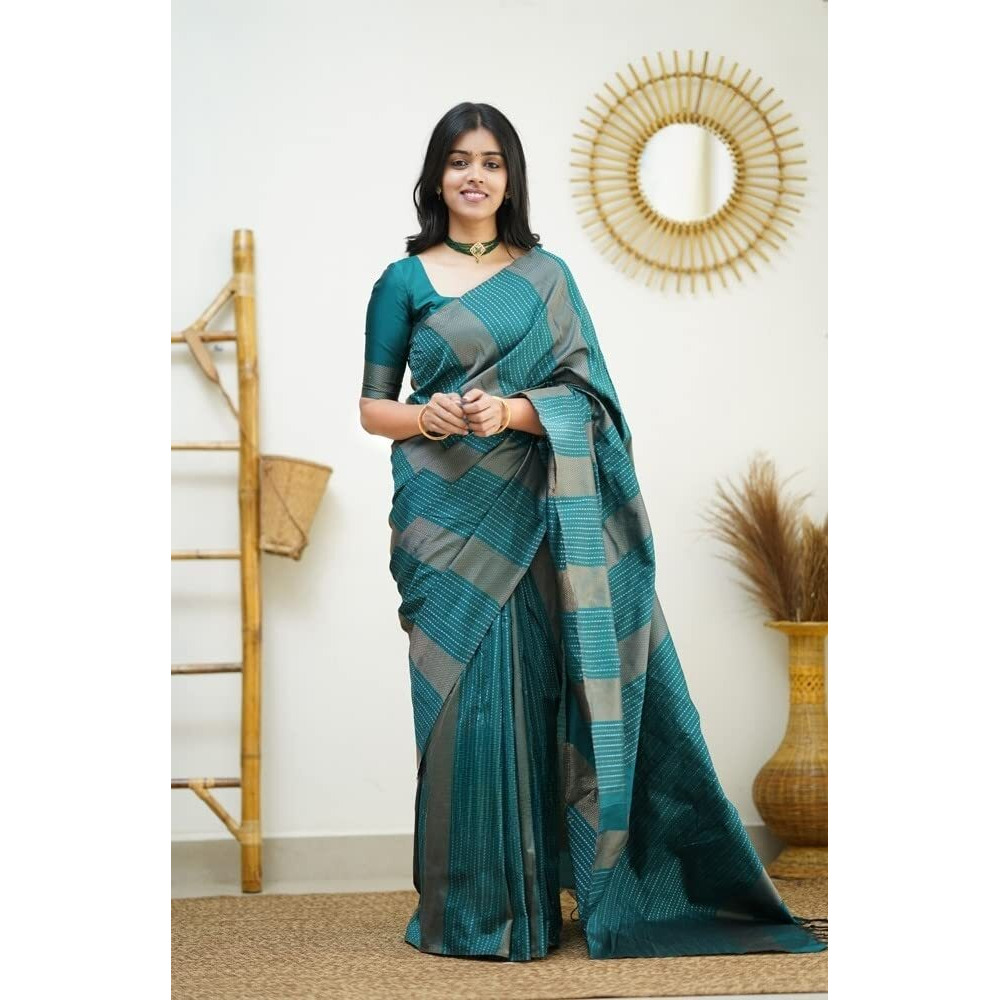 Sidhidata Womens Kanjivaram Banarasi Paithani Jacquard Silk Saree With Unstitched Blouse Piecee (Silk Heritagee Rama_Rama_Free Size)