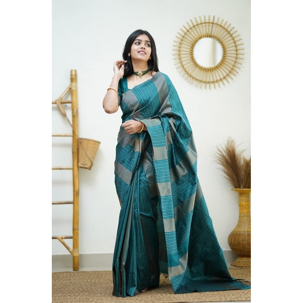 Sidhidata Womens Kanjivaram Banarasi Paithani Jacquard Silk Saree With Unstitched Blouse Piecee (Silk Heritagee Rama_Rama_Free Size)