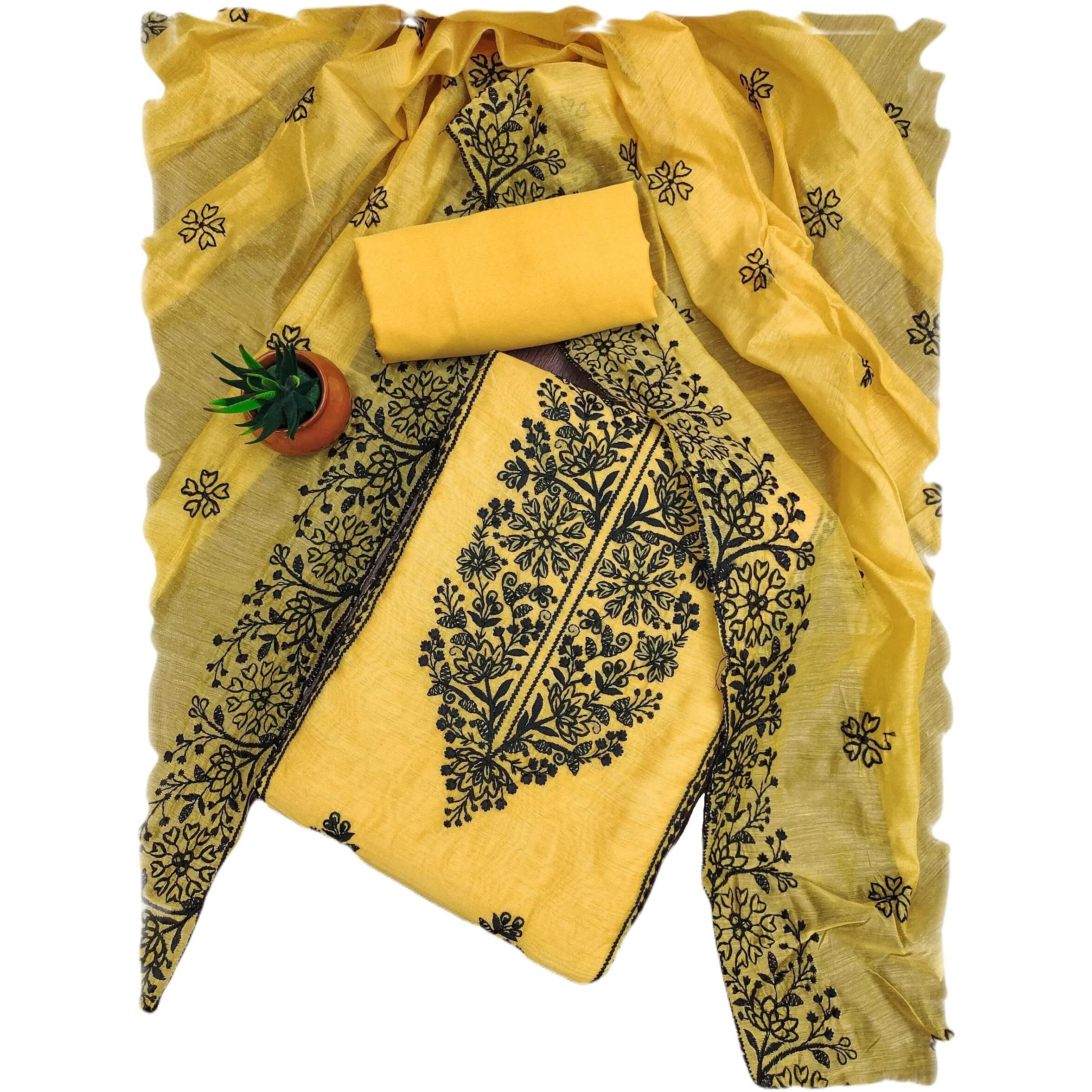 Sidhidata Womens Chanderi Embroidery Work Unstitched Salwar Suit Dress Material With Chanderi Embroidered Dupatta (DM Cobra Yellow_Yellow_Free Size)