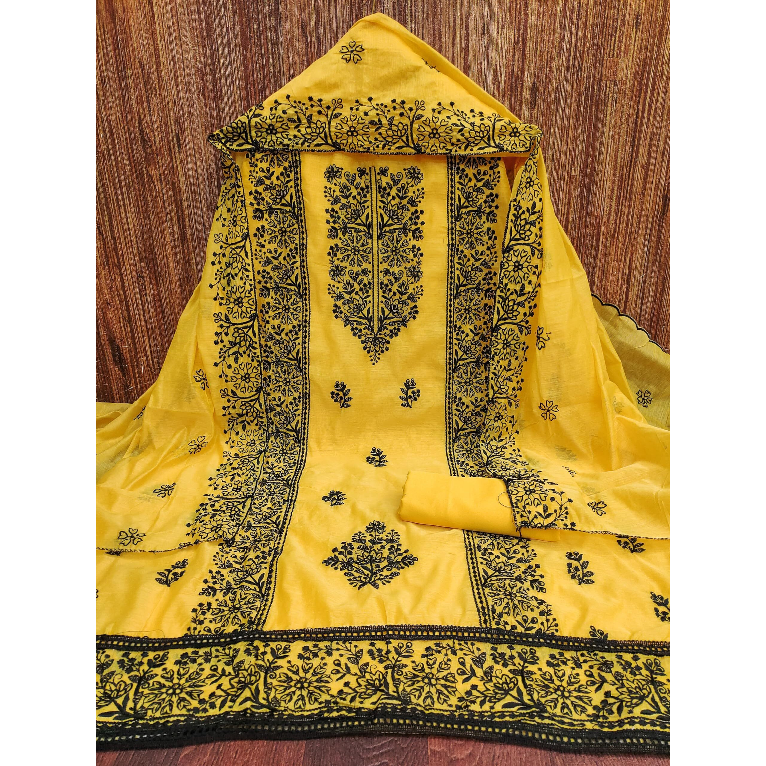 Sidhidata Womens Chanderi Embroidery Work Unstitched Salwar Suit Dress Material With Chanderi Embroidered Dupatta (DM Cobra Yellow_Yellow_Free Size)