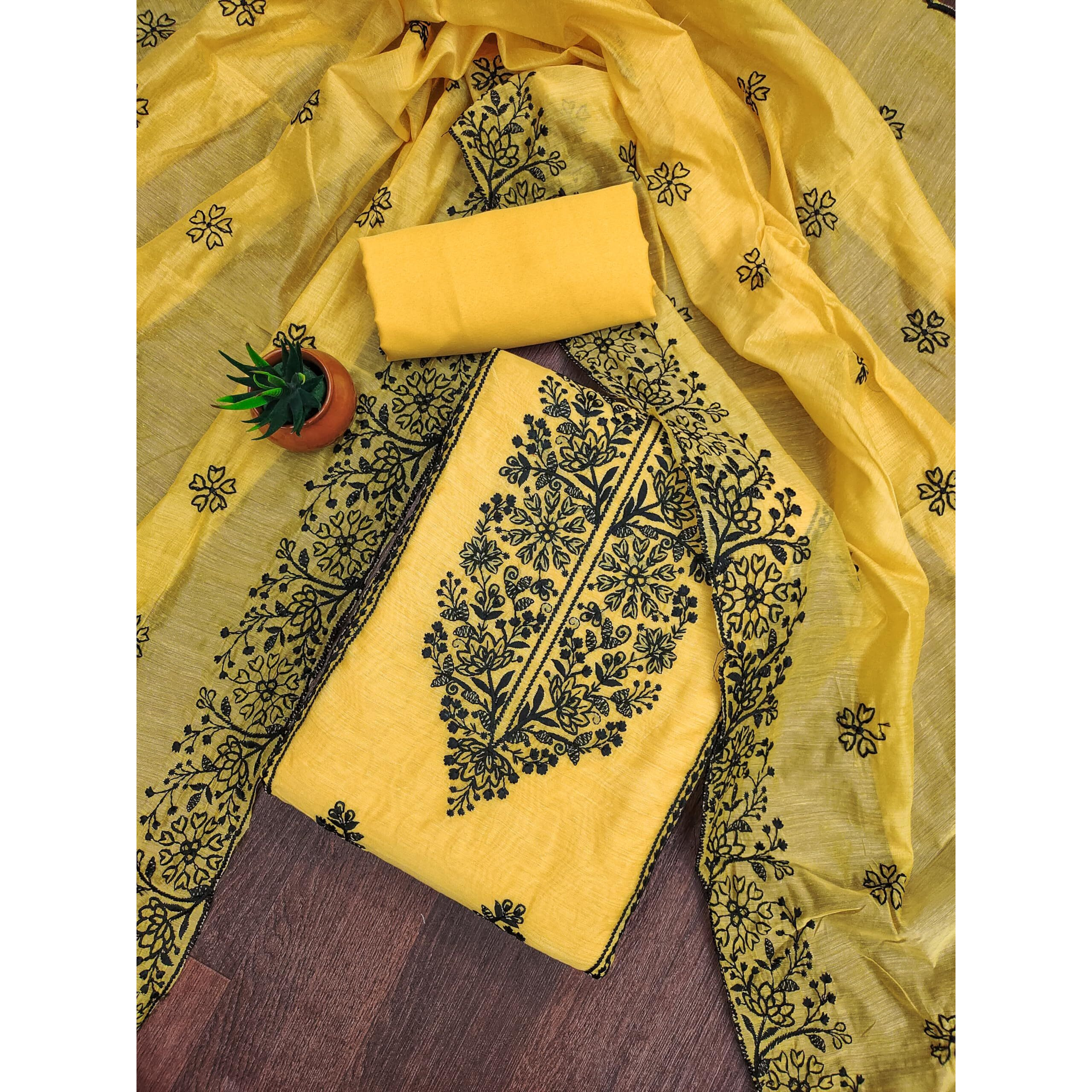 Sidhidata Womens Chanderi Embroidery Work Unstitched Salwar Suit Dress Material With Chanderi Embroidered Dupatta (DM Cobra Yellow_Yellow_Free Size)