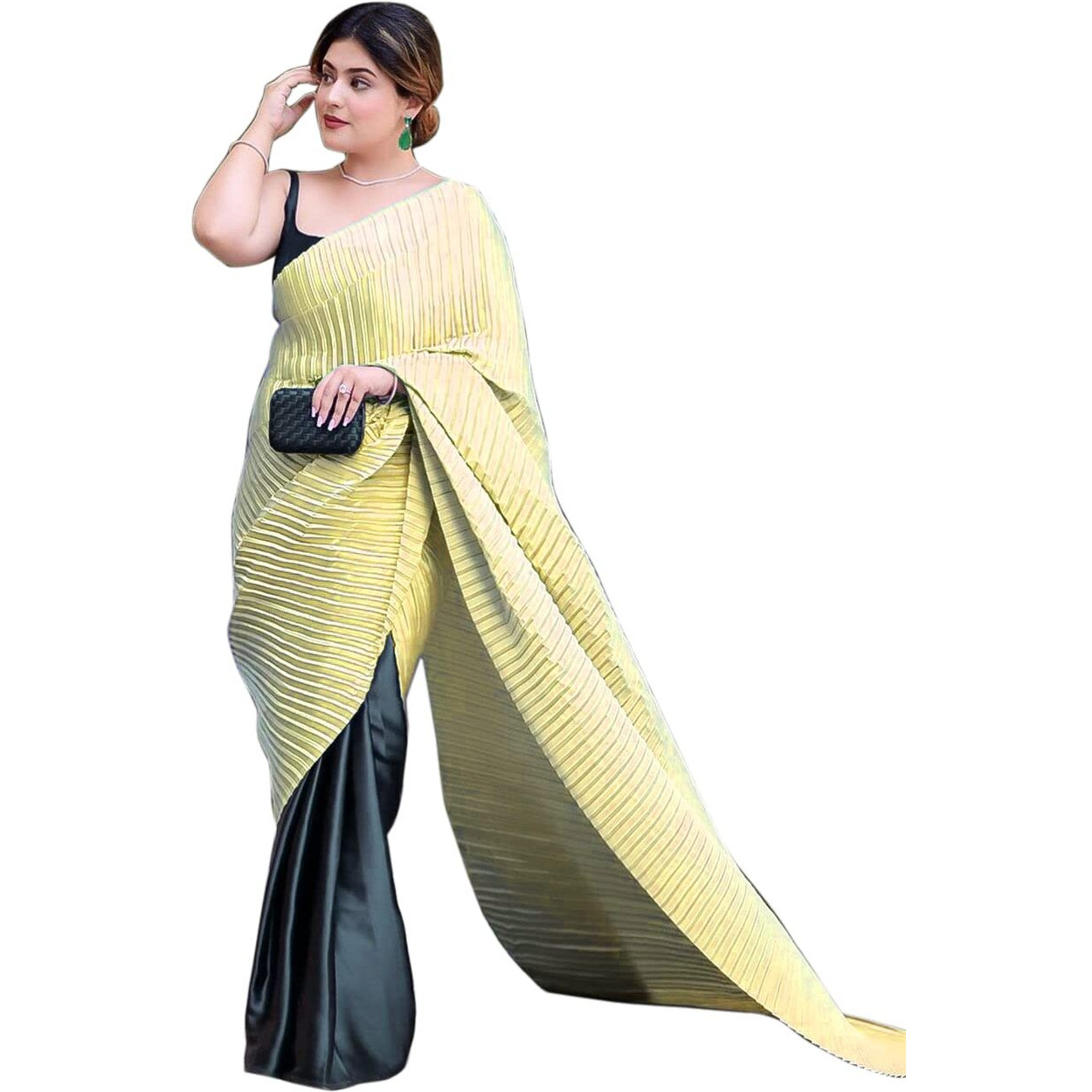 Sidhidata Womens Pleated/Crushed Plain Chinon Saree With Unstitched Blouse Piece (Yellow)