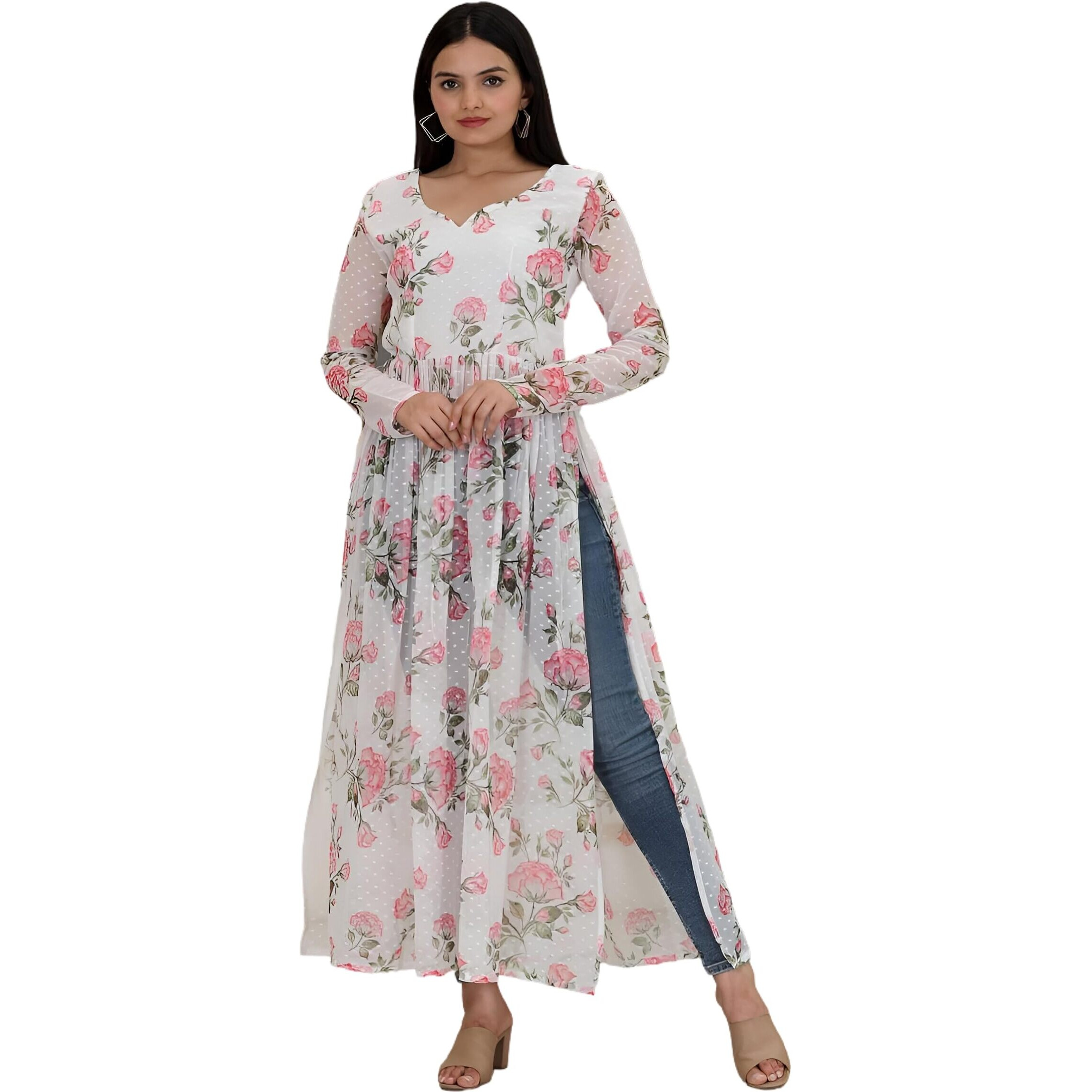 Sidhidata Womens Nyra Cut Printed Georgette Kurti (Nyra 1000 Print White_XL_White_X-Large)