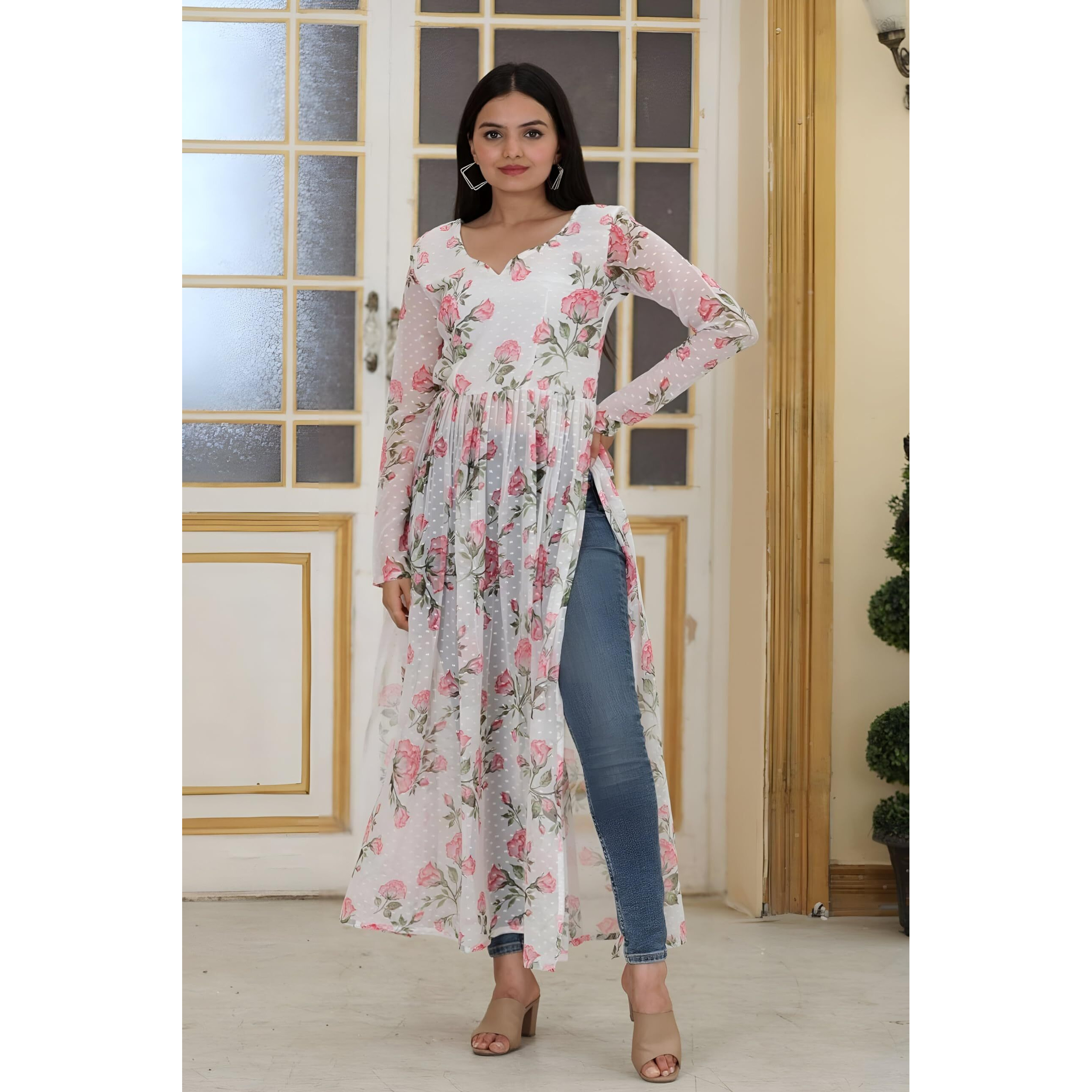 Sidhidata Womens Nyra Cut Printed Georgette Kurti (Nyra 1000 Print White_XL_White_X-Large)